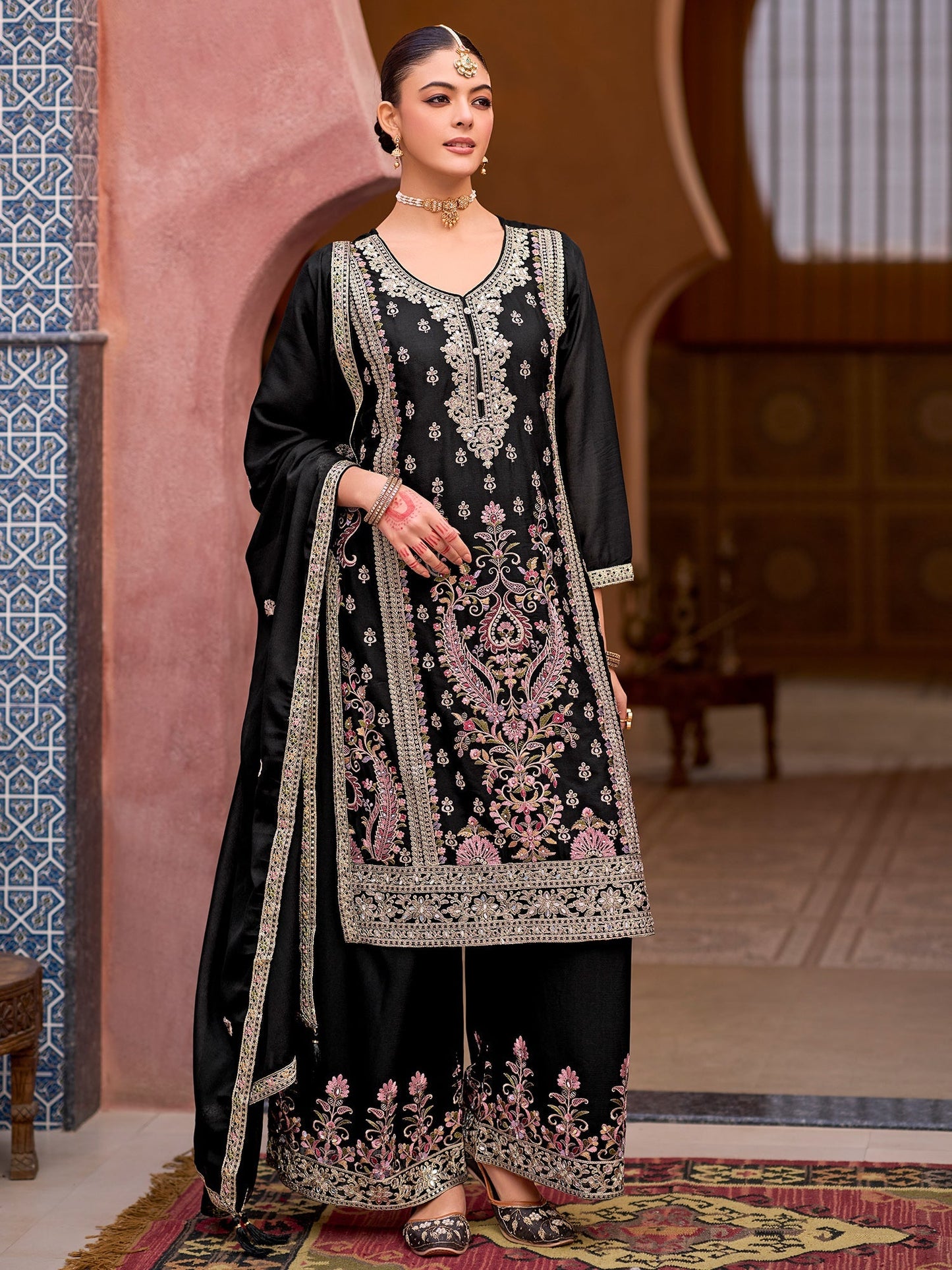 Black Embroidered Straight Kurta Palazzos With Dupatta Set