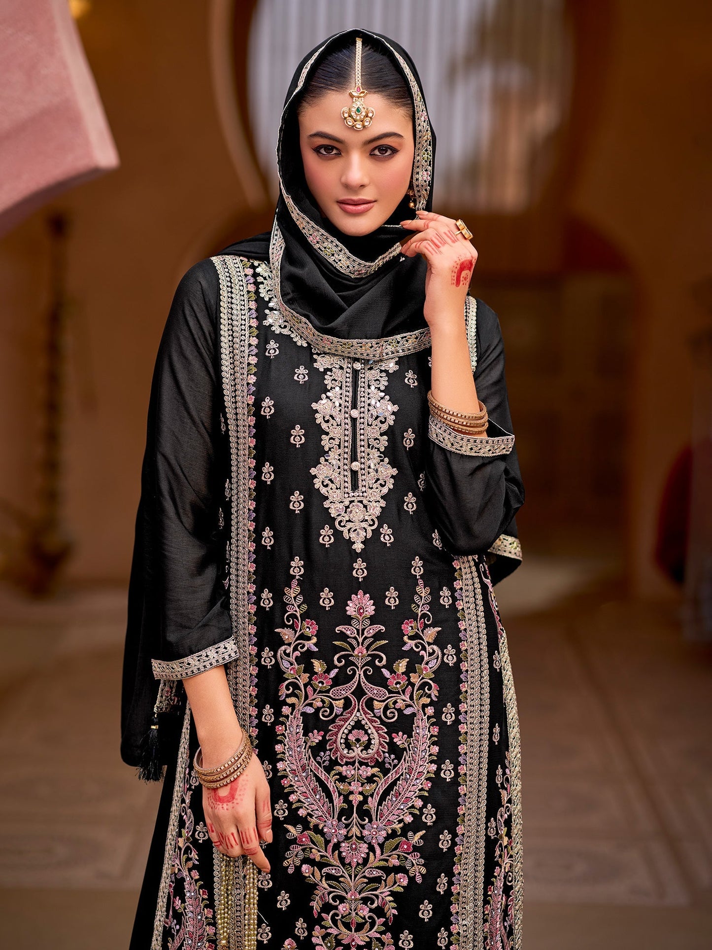 Black Embroidered Straight Kurta Palazzos With Dupatta Set