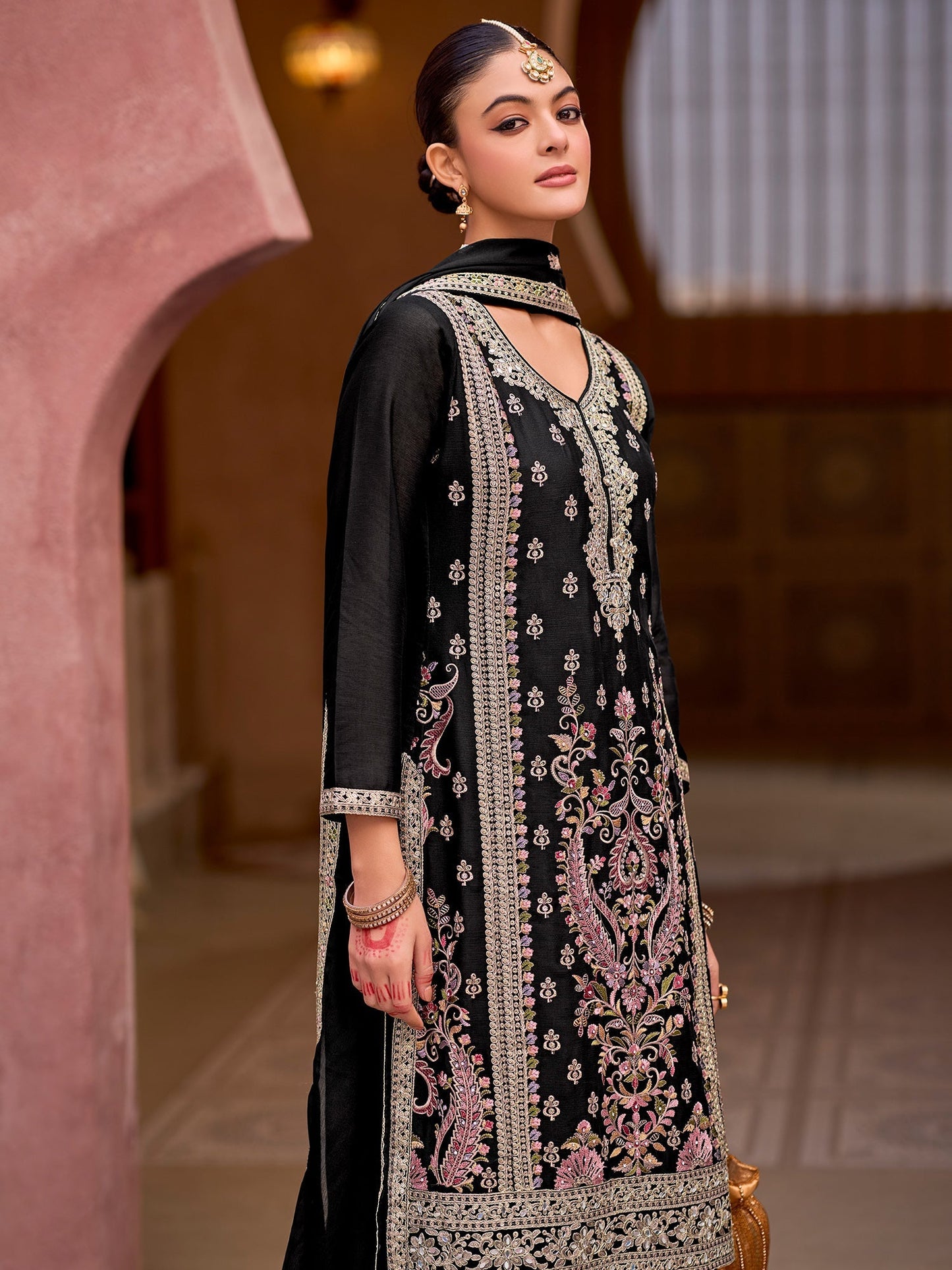 Black Embroidered Straight Kurta Palazzos With Dupatta Set