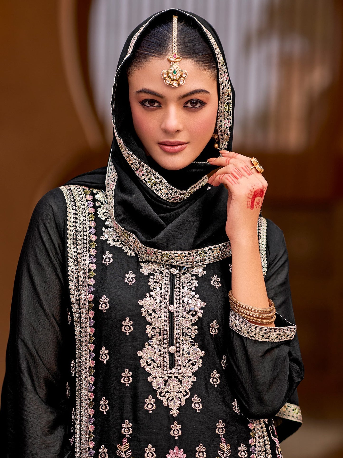 Black Embroidered Straight Kurta Palazzos With Dupatta Set