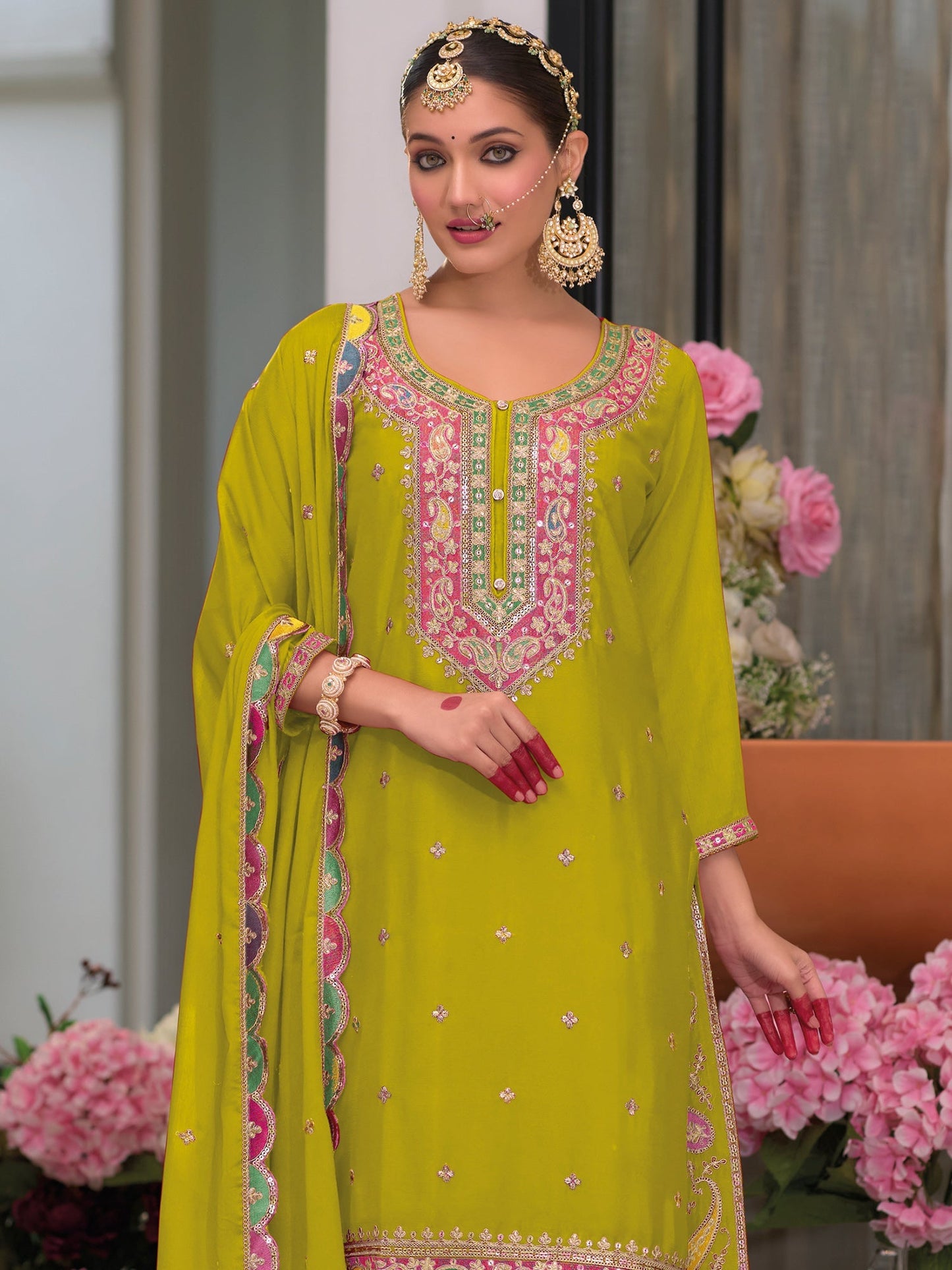 Green Embroidered Straight Kurta Palazzos With Dupatta Set