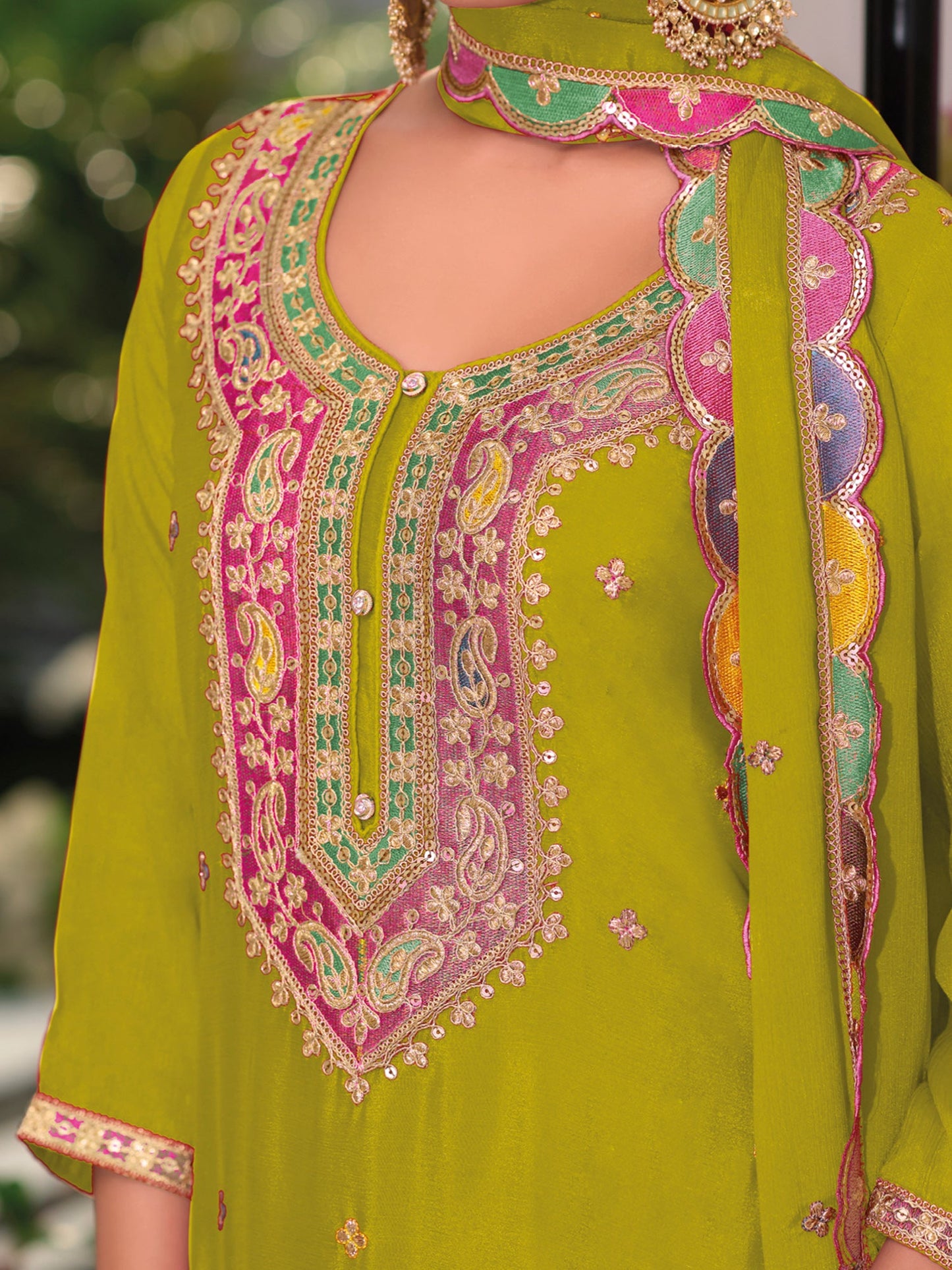Green Embroidered Straight Kurta Palazzos With Dupatta Set
