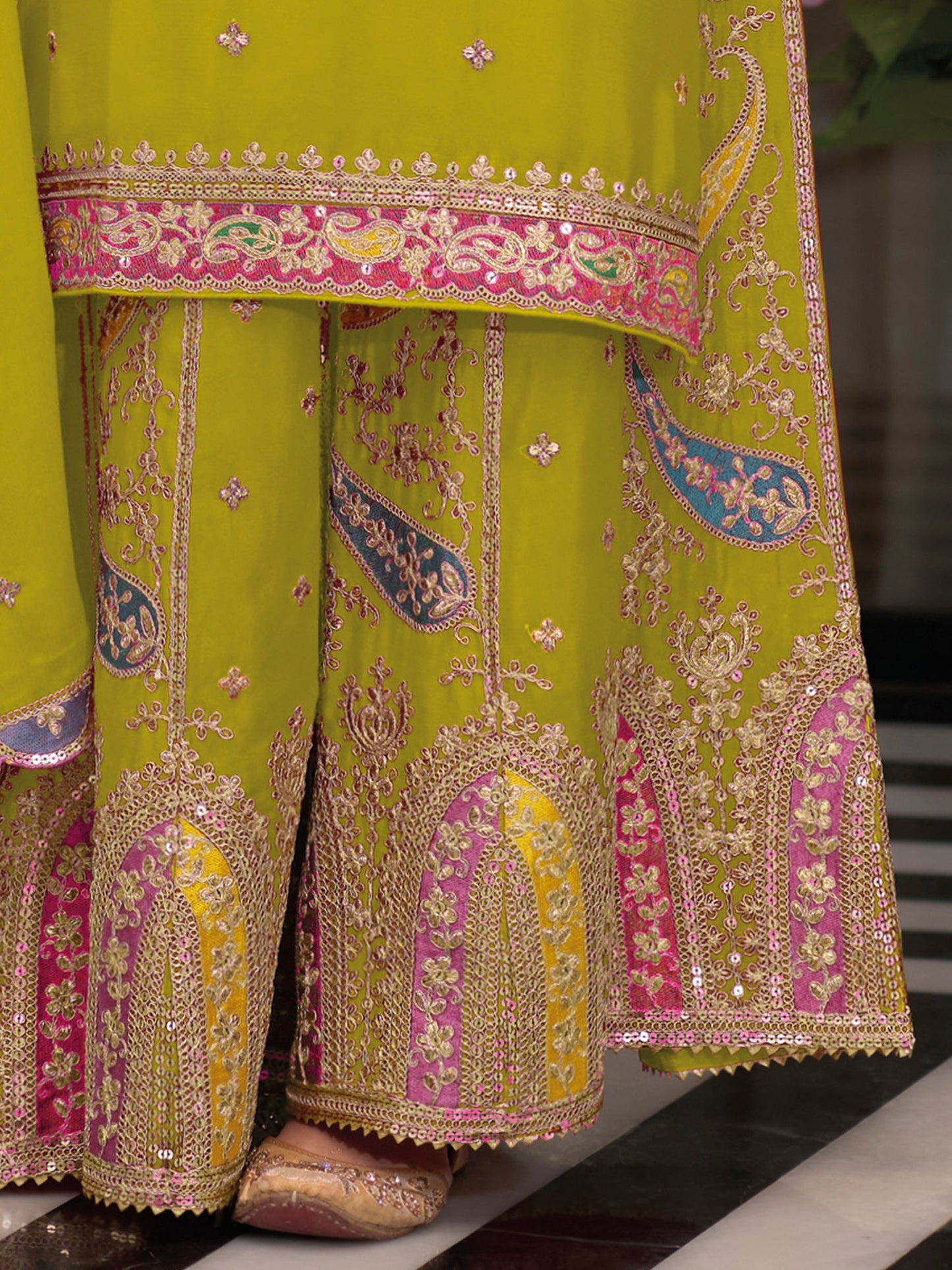 Green Embroidered Straight Kurta Palazzos With Dupatta Set
