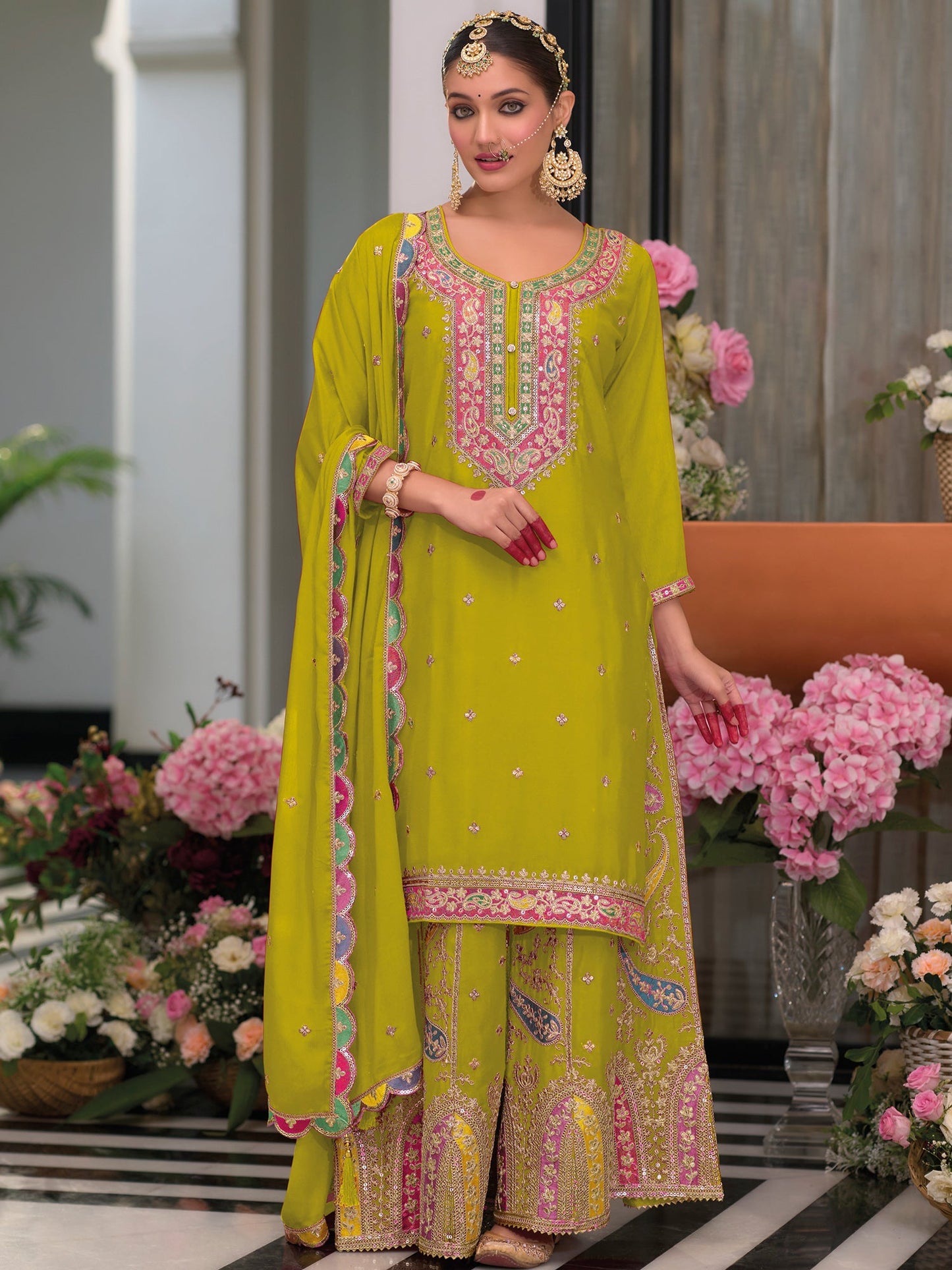 Green Embroidered Straight Kurta Palazzos With Dupatta Set