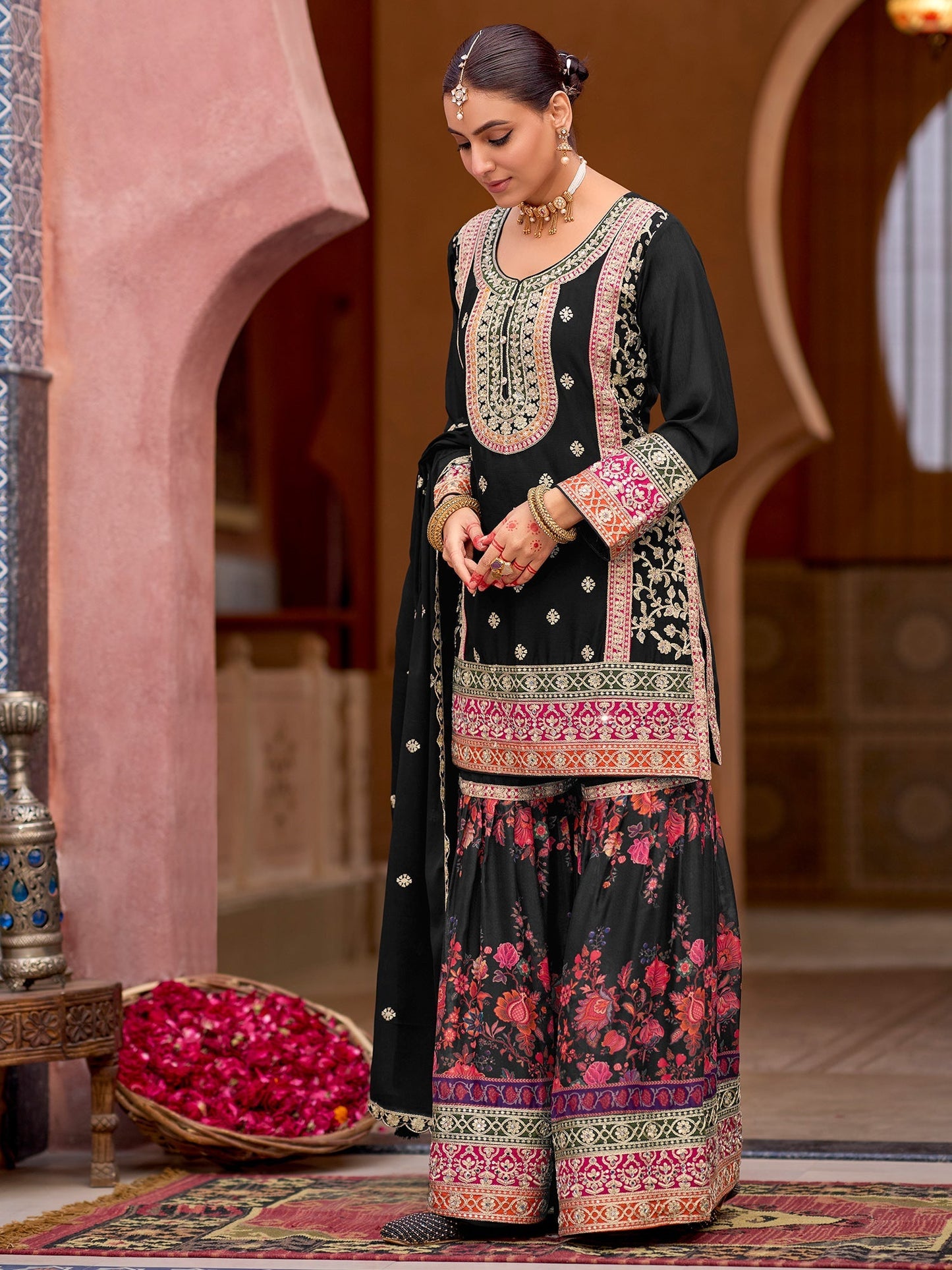 Black Embroidered Straight Kurta Sharara With Dupatta Set