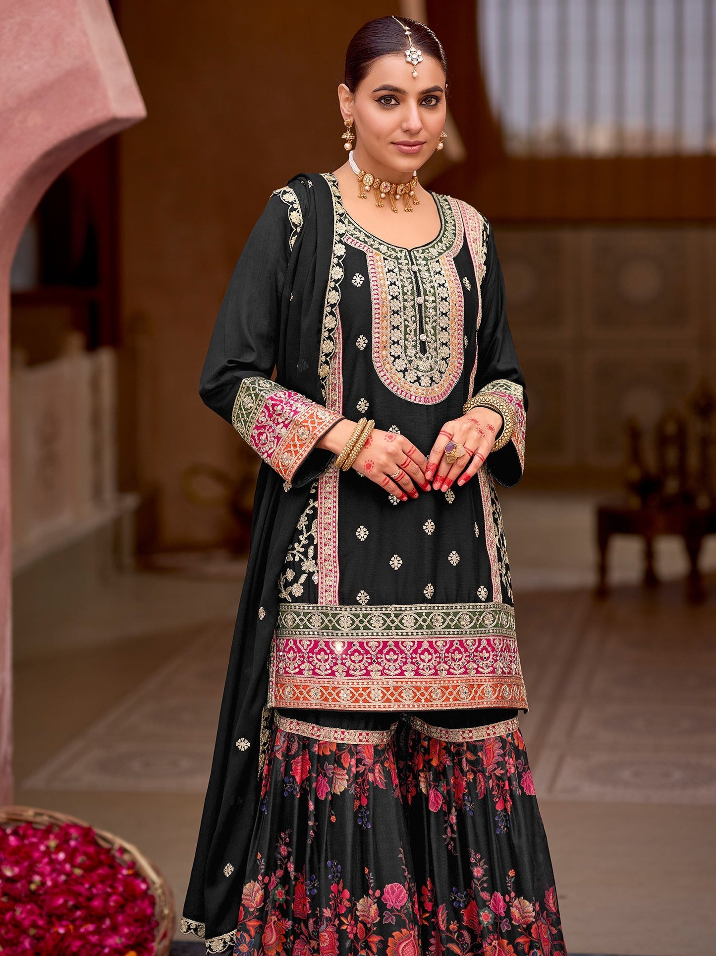 Black Embroidered Straight Kurta Sharara With Dupatta Set