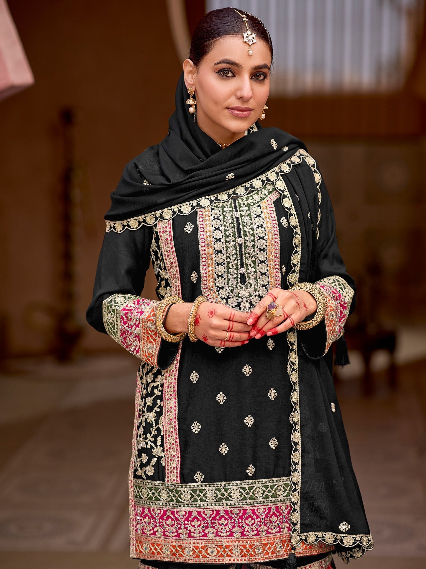 Black Embroidered Straight Kurta Sharara With Dupatta Set