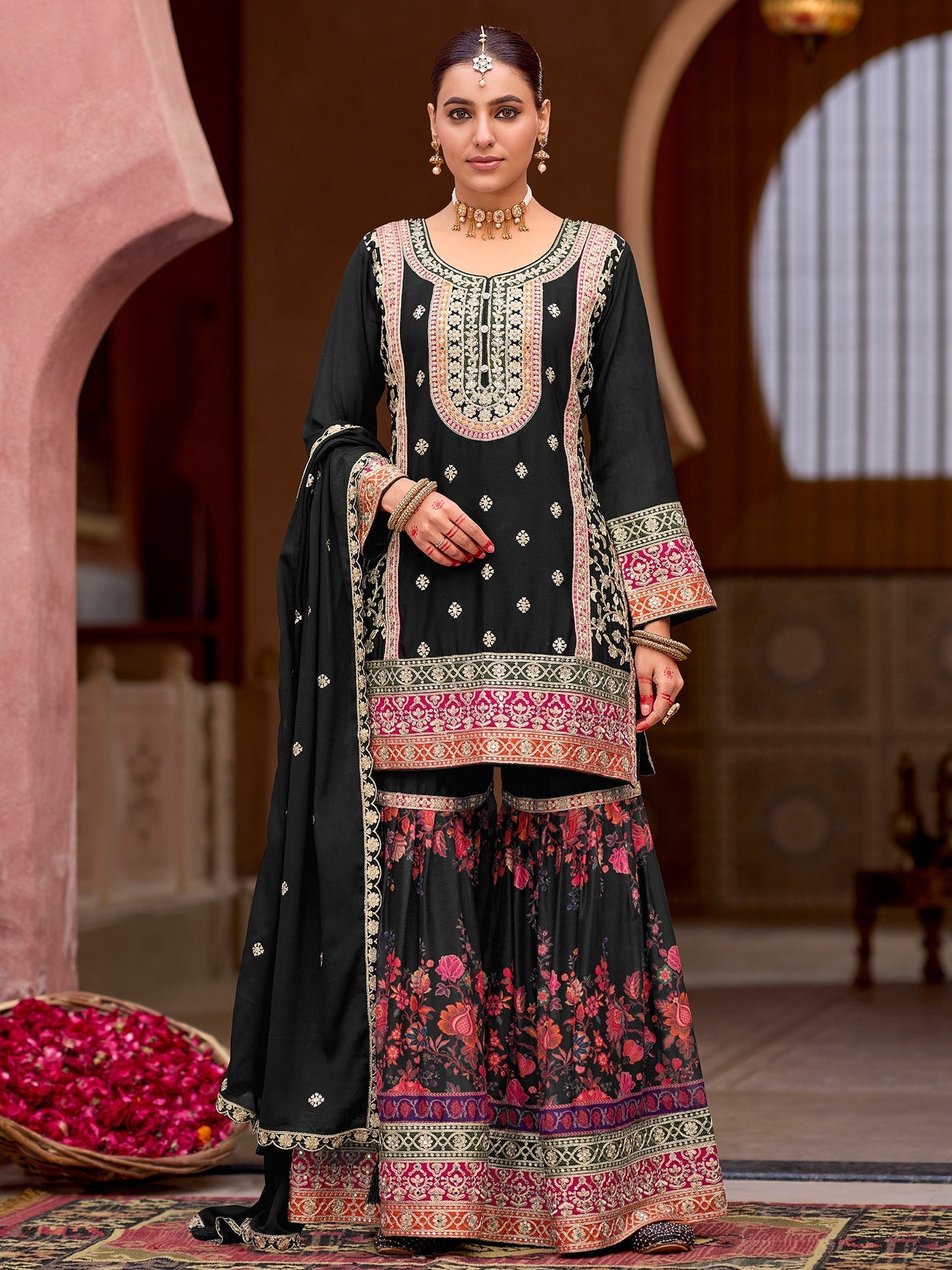 Black Embroidered Straight Kurta Sharara With Dupatta Set