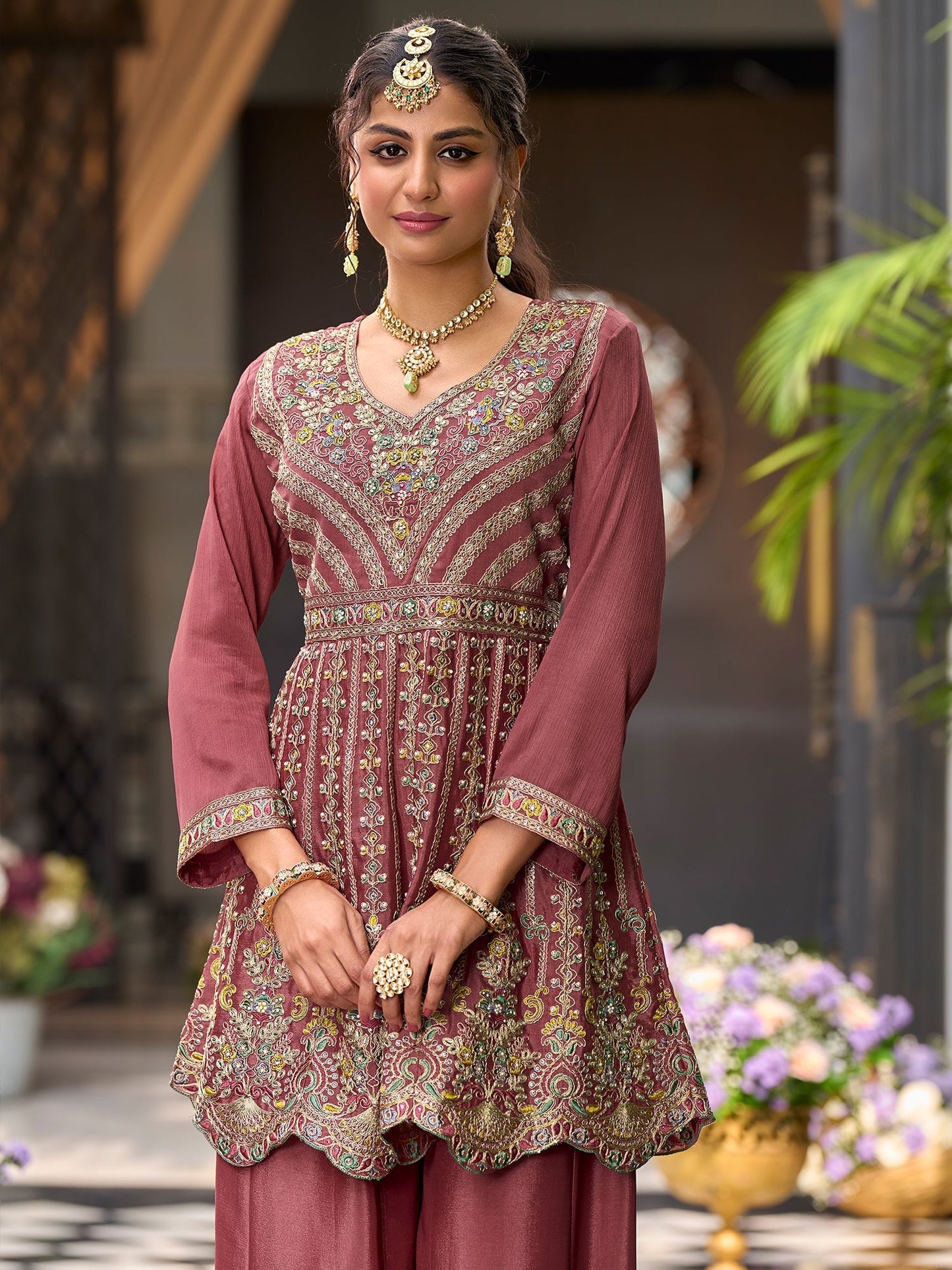 Mauve Embroidered A-Line Kurta Palazzos With Dupatta Set