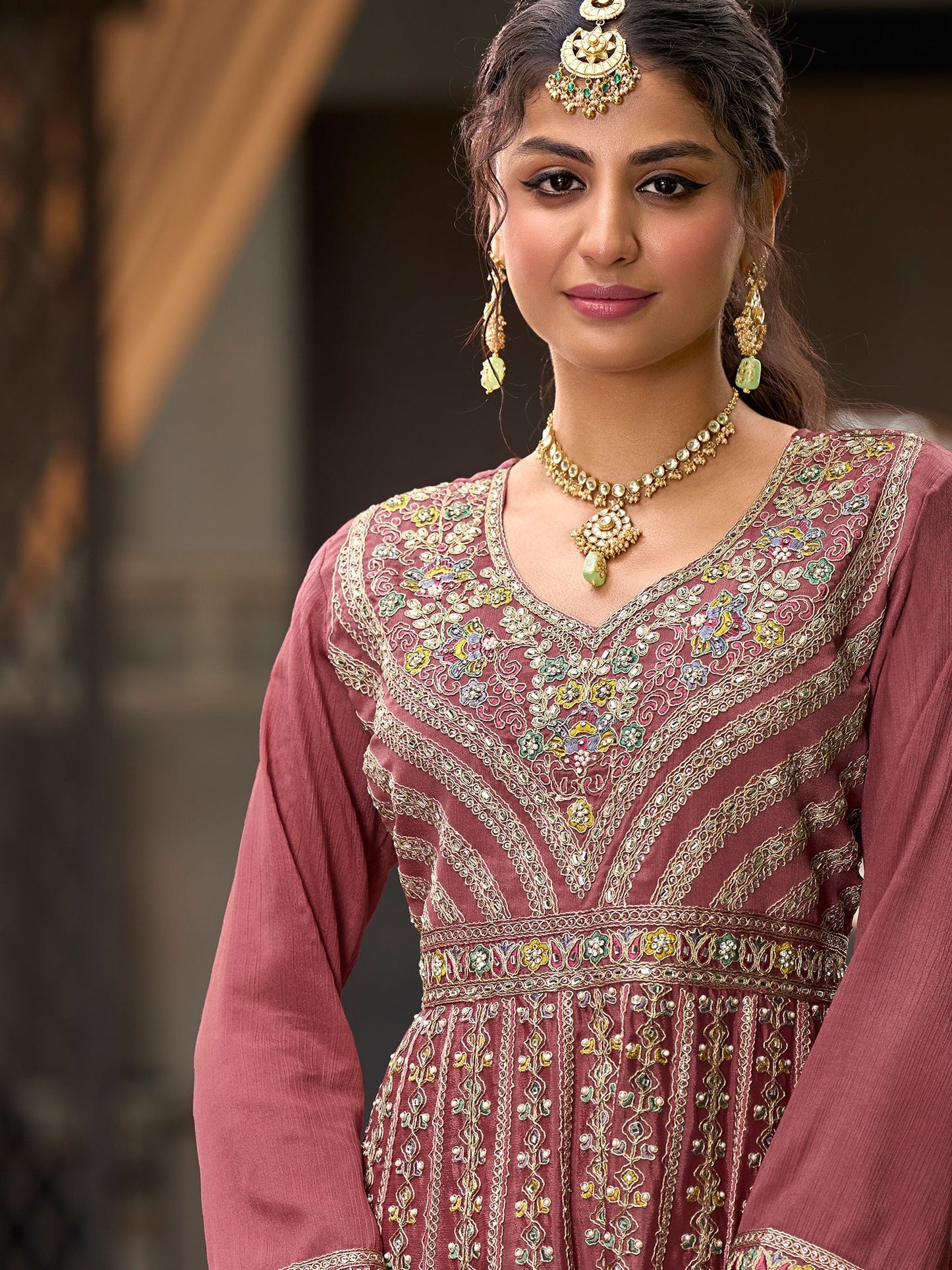 Mauve Embroidered A-Line Kurta Palazzos With Dupatta Set