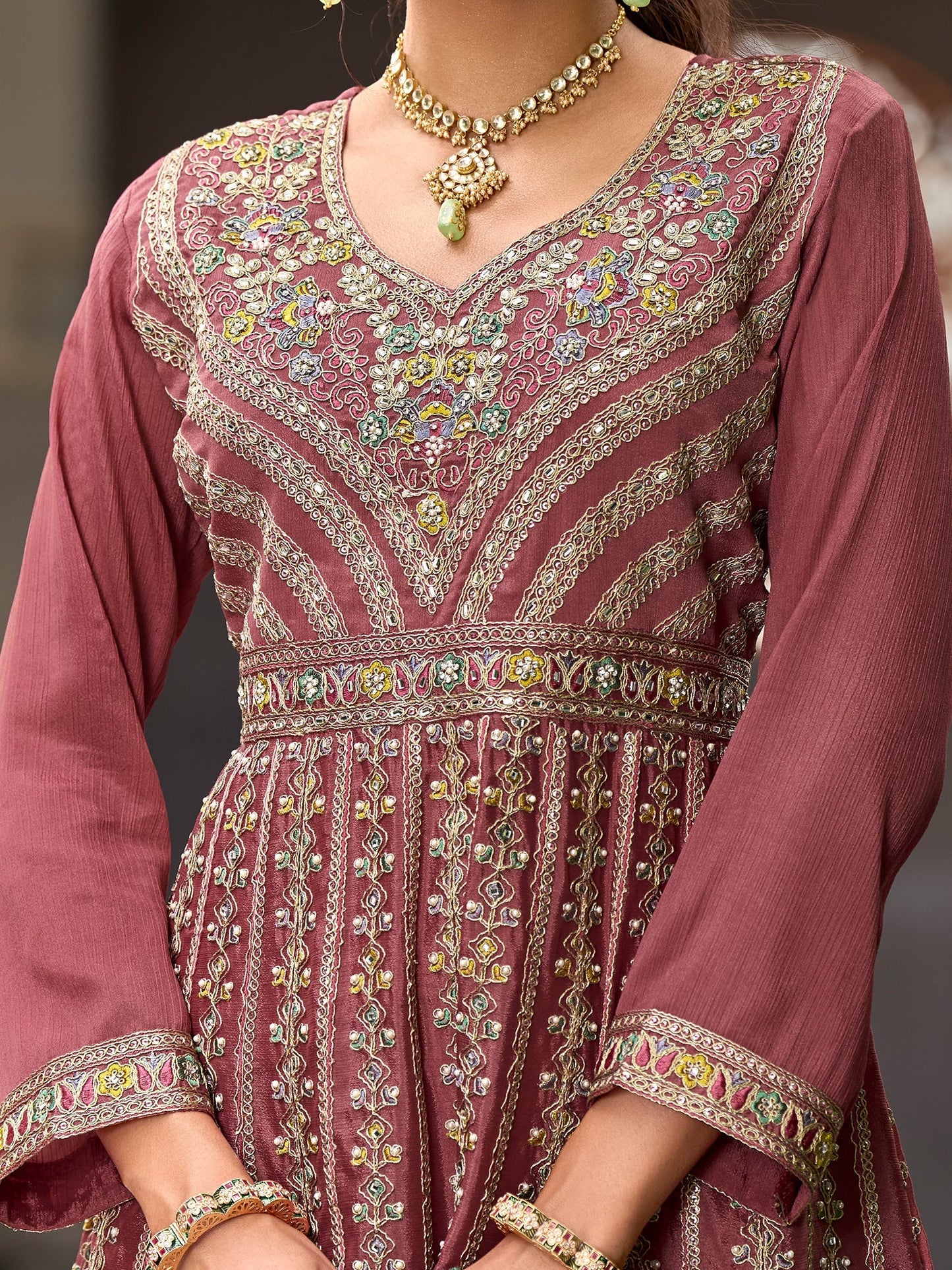 Mauve Embroidered A-Line Kurta Palazzos With Dupatta Set