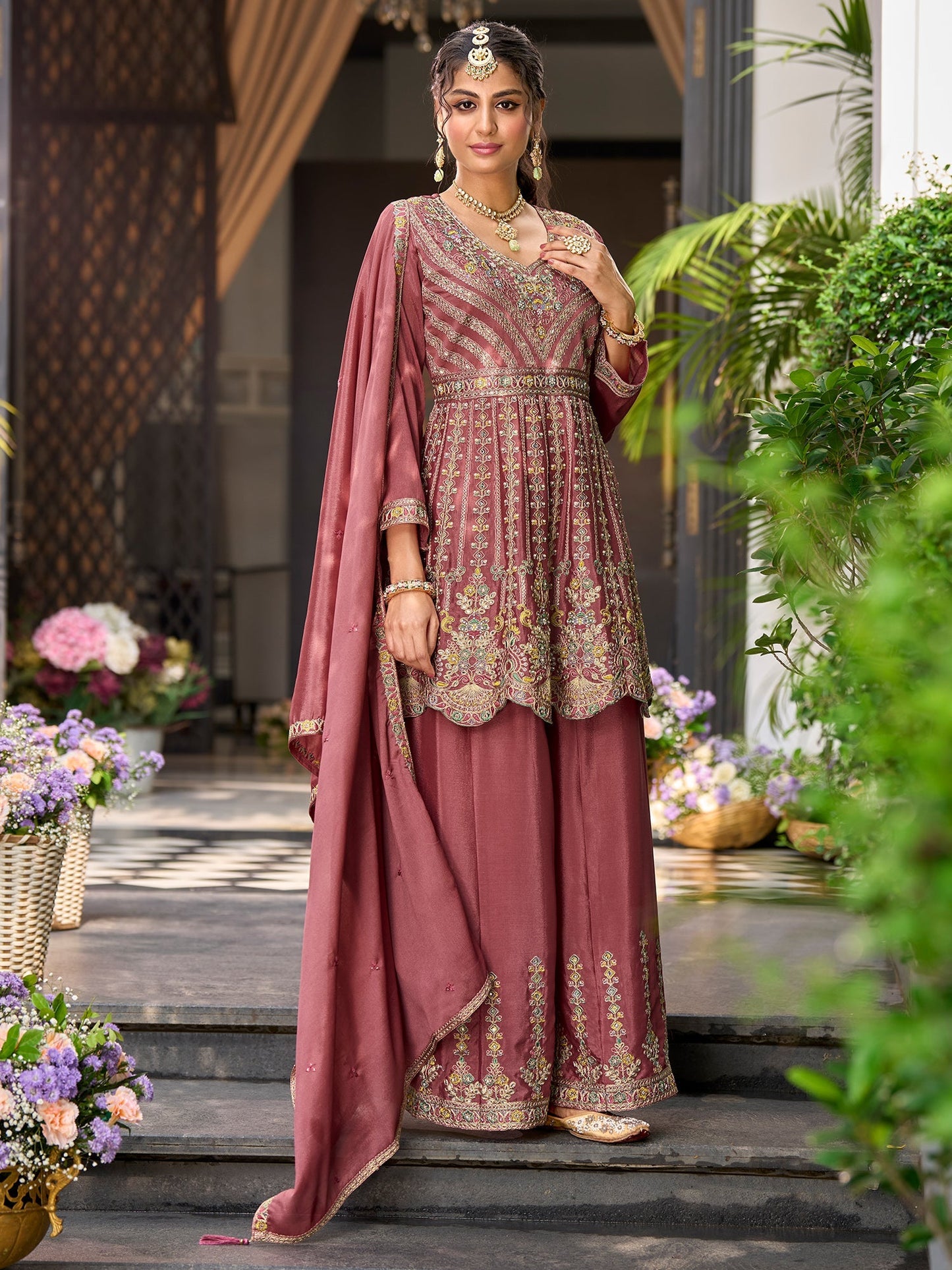 Mauve Embroidered A-Line Kurta Palazzos With Dupatta Set