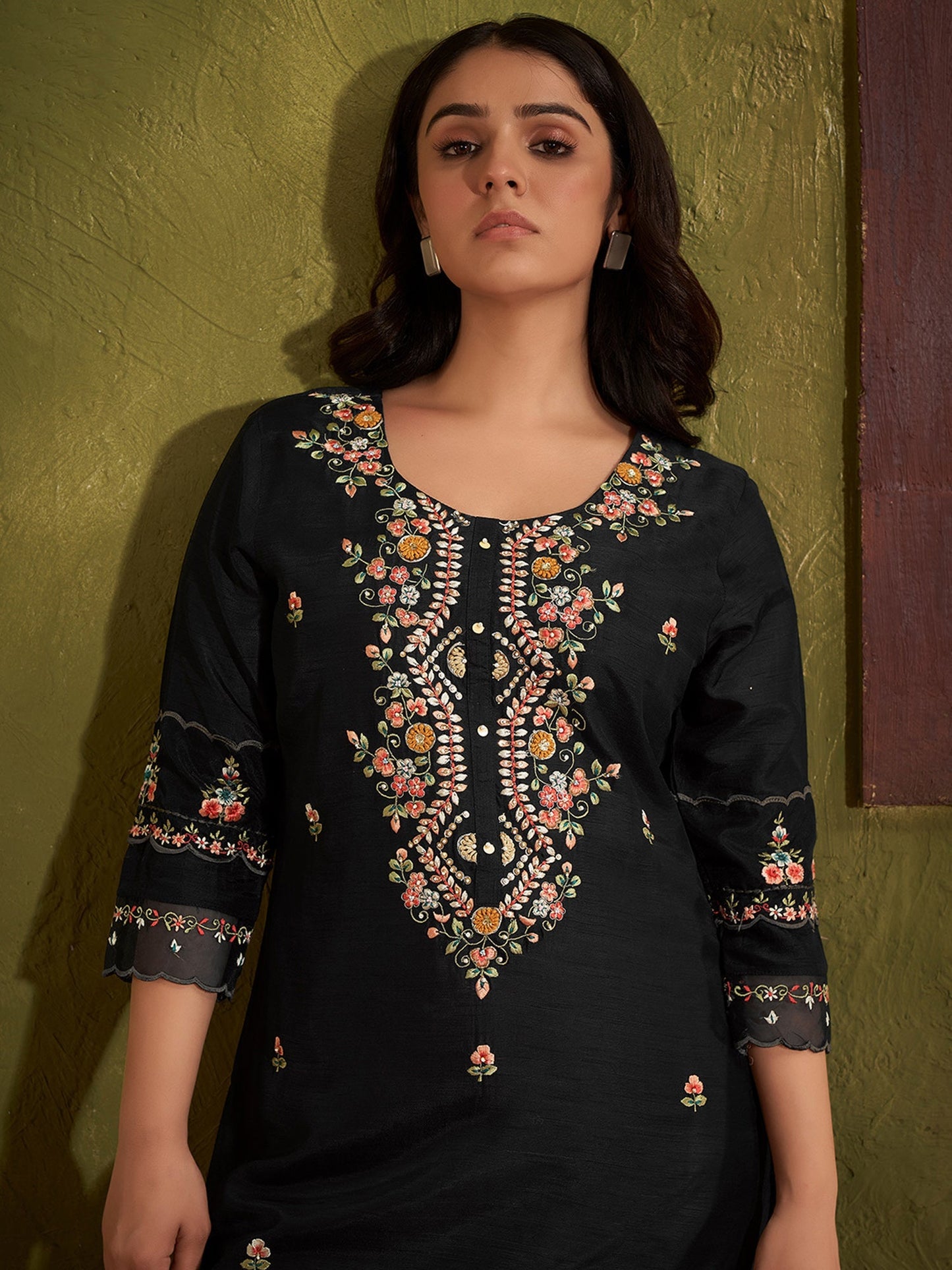 Black Embroidered Silk Blend Straight Kurta Set With Dupatta