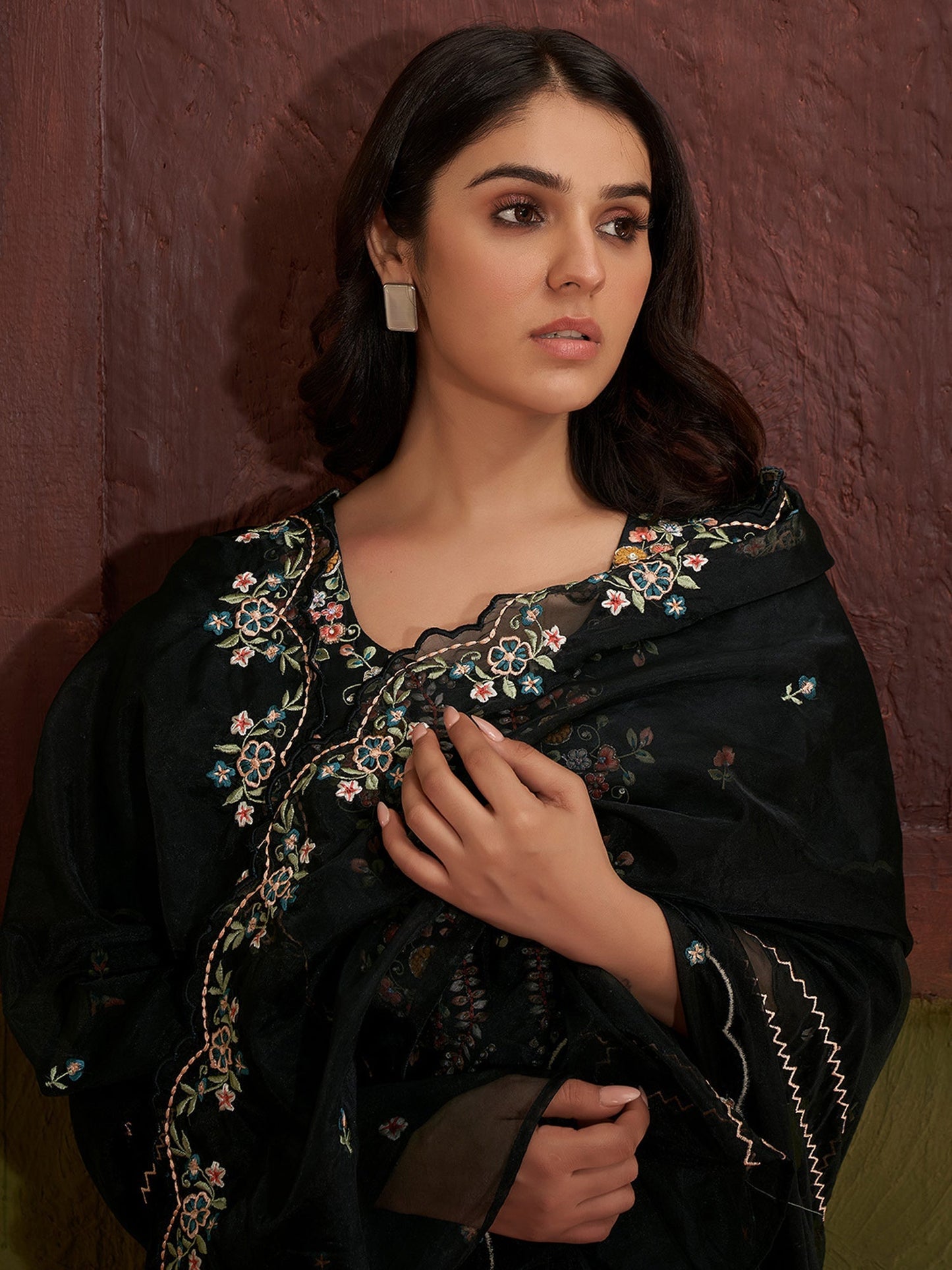 Black Embroidered Silk Blend Straight Kurta Set With Dupatta