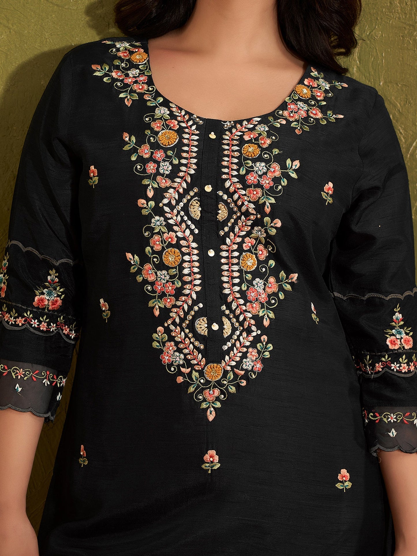 Black Embroidered Silk Blend Straight Kurta Set With Dupatta