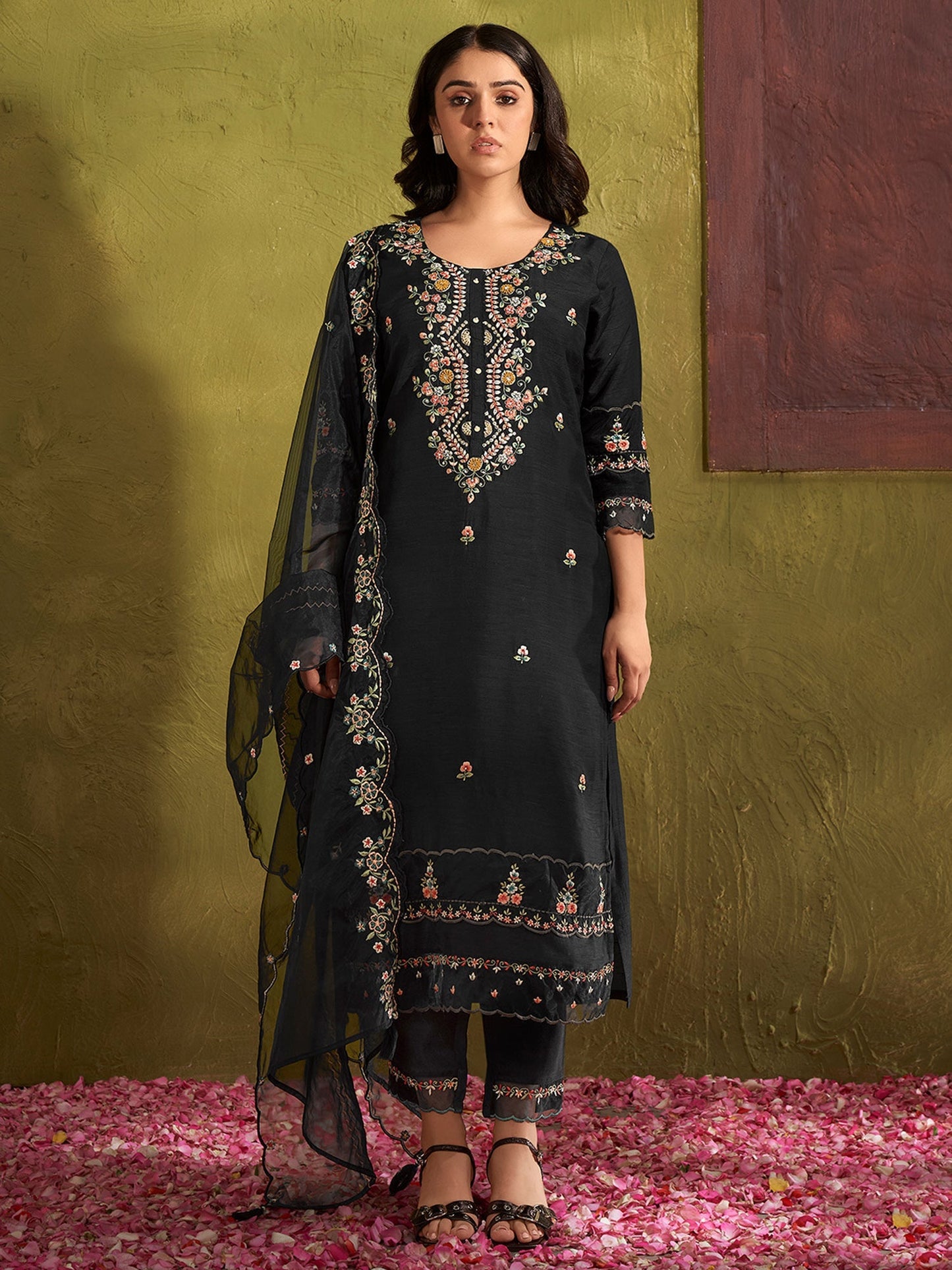 Black Embroidered Silk Blend Straight Kurta Set With Dupatta