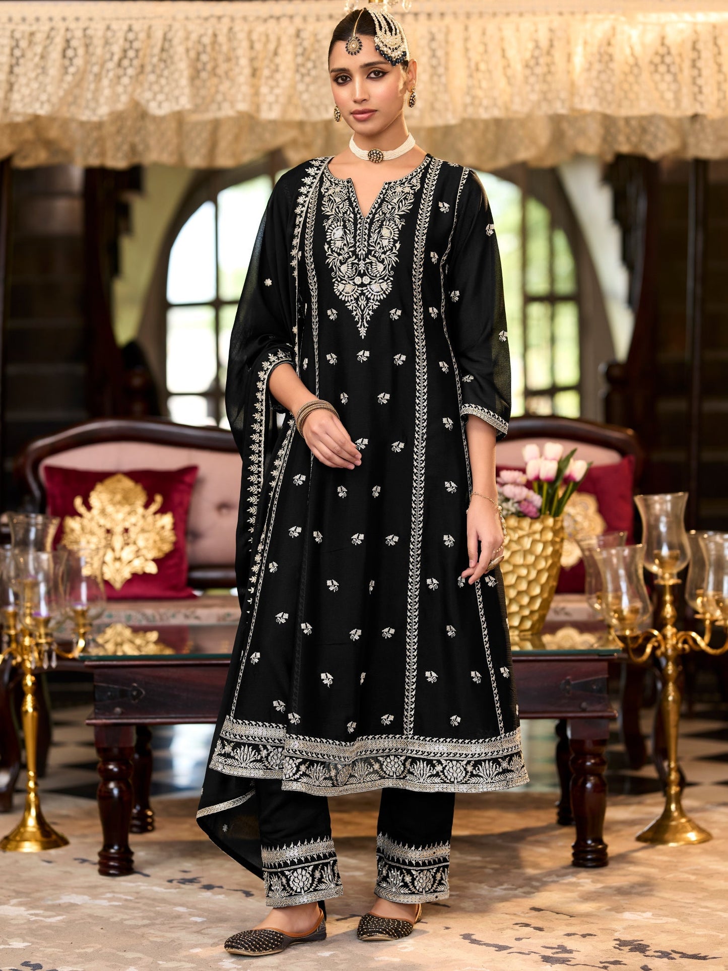 Black Embroidered Anarkali Kurta Trousers With Dupatta Set