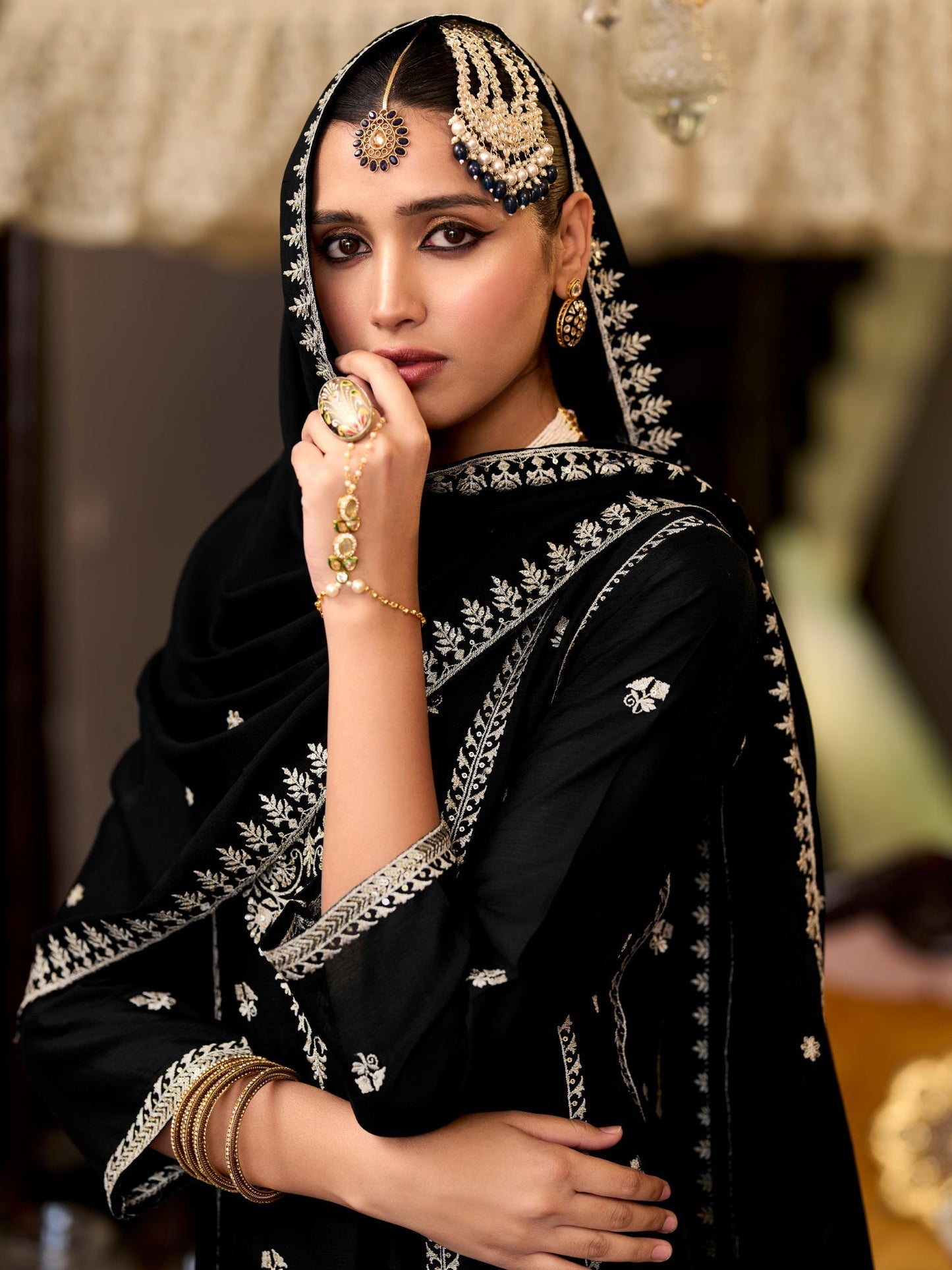 Black Embroidered Anarkali Kurta Trousers With Dupatta Set