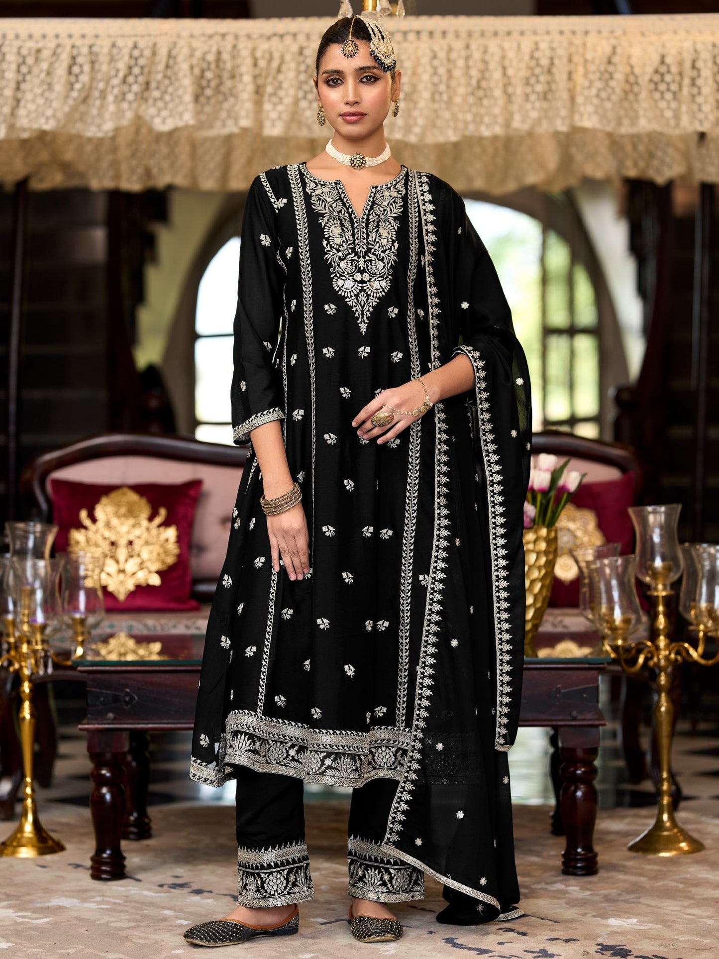 Black Embroidered Anarkali Kurta Trousers With Dupatta Set