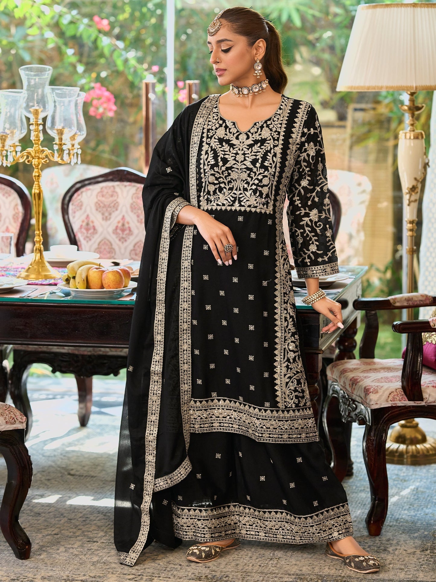 Black Embroidered Straight Kurta Palazzos With Dupatta Set