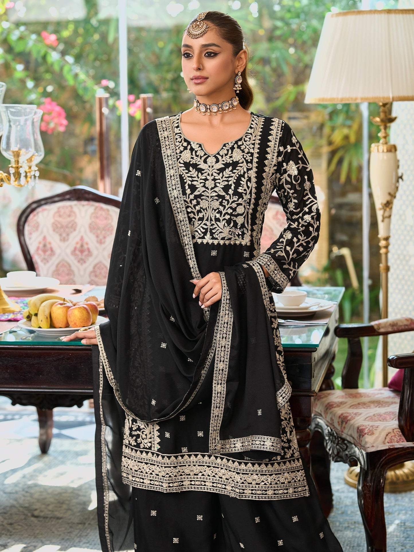 Black Embroidered Straight Kurta Palazzos With Dupatta Set