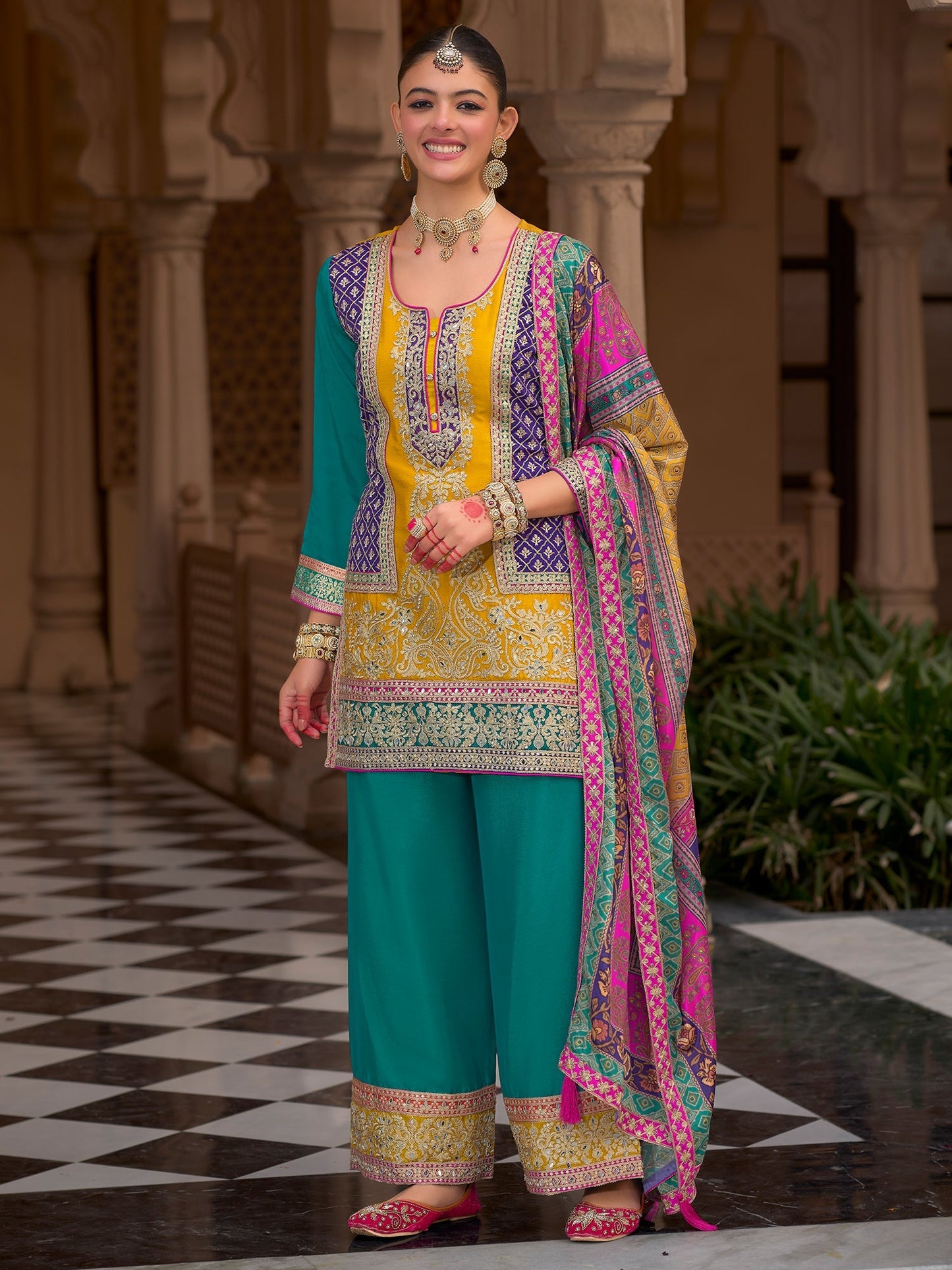 Multi Embroidered Straight Kurta Palazzos With Dupatta set