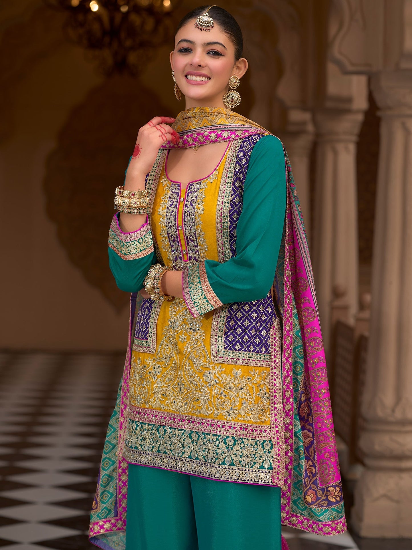 Multi Embroidered Straight Kurta Palazzos With Dupatta set