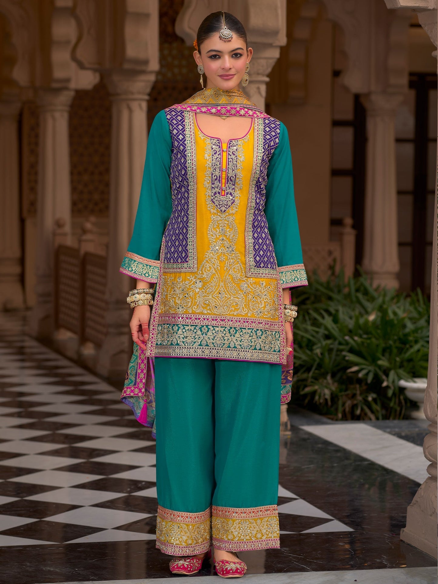 Multi Embroidered Straight Kurta Palazzos With Dupatta set