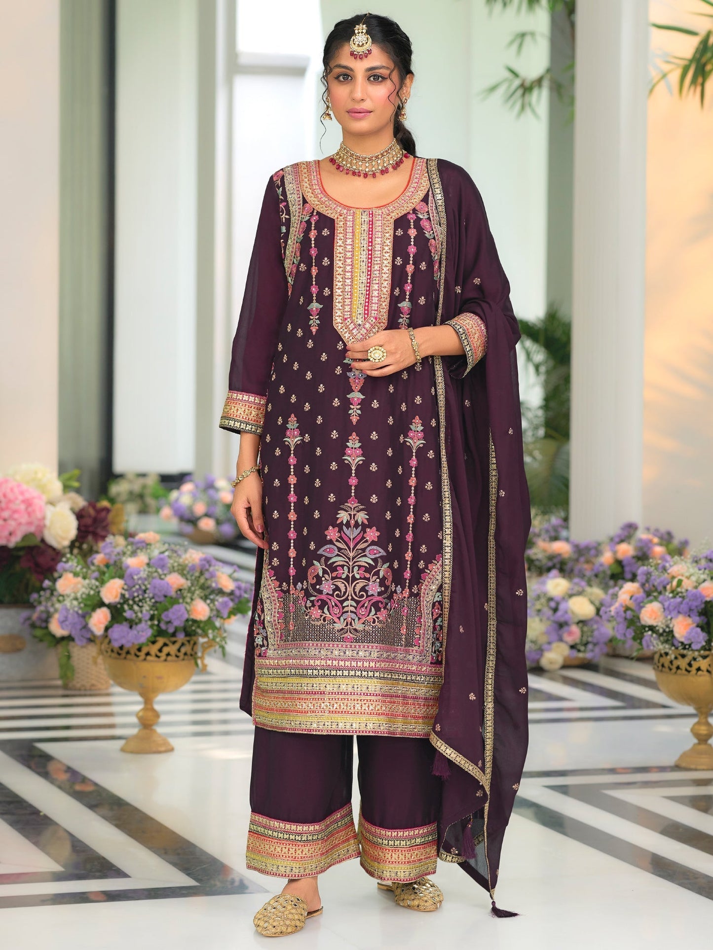 Burgundy Embroidered Straight Kurta Palazzos With Dupatta set