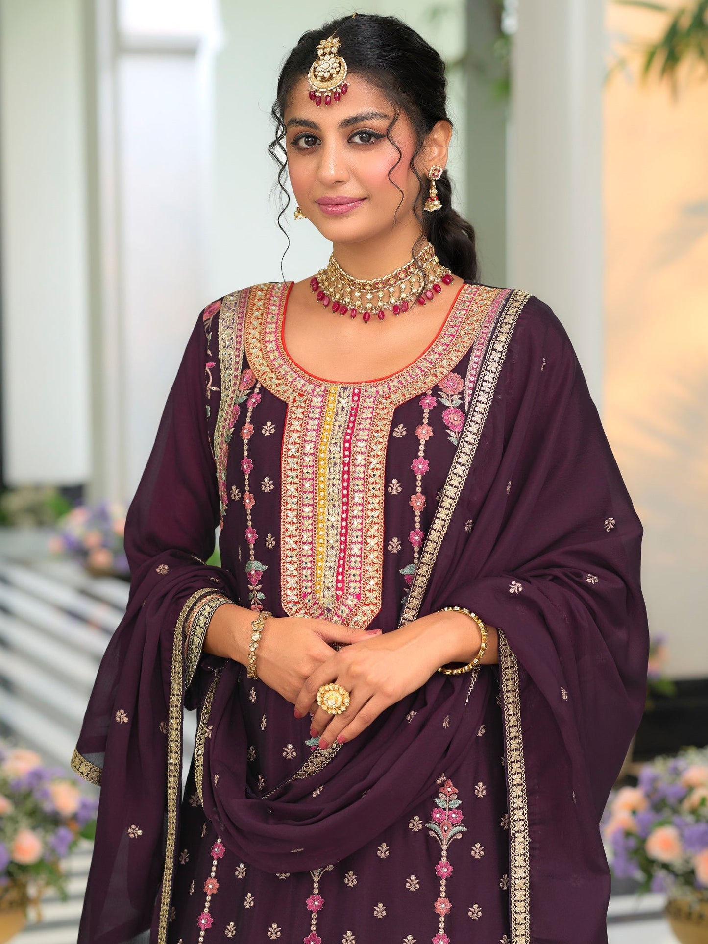 Burgundy Embroidered Straight Kurta Palazzos With Dupatta set