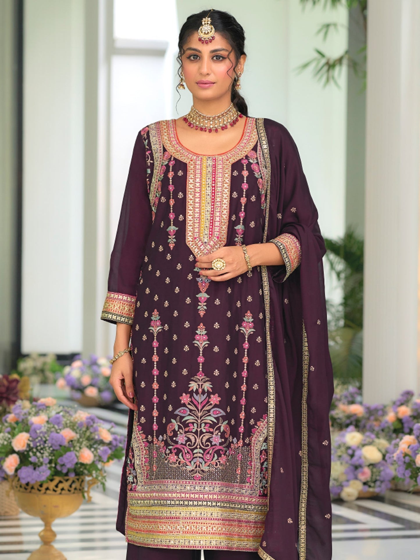Burgundy Embroidered Straight Kurta Palazzos With Dupatta set