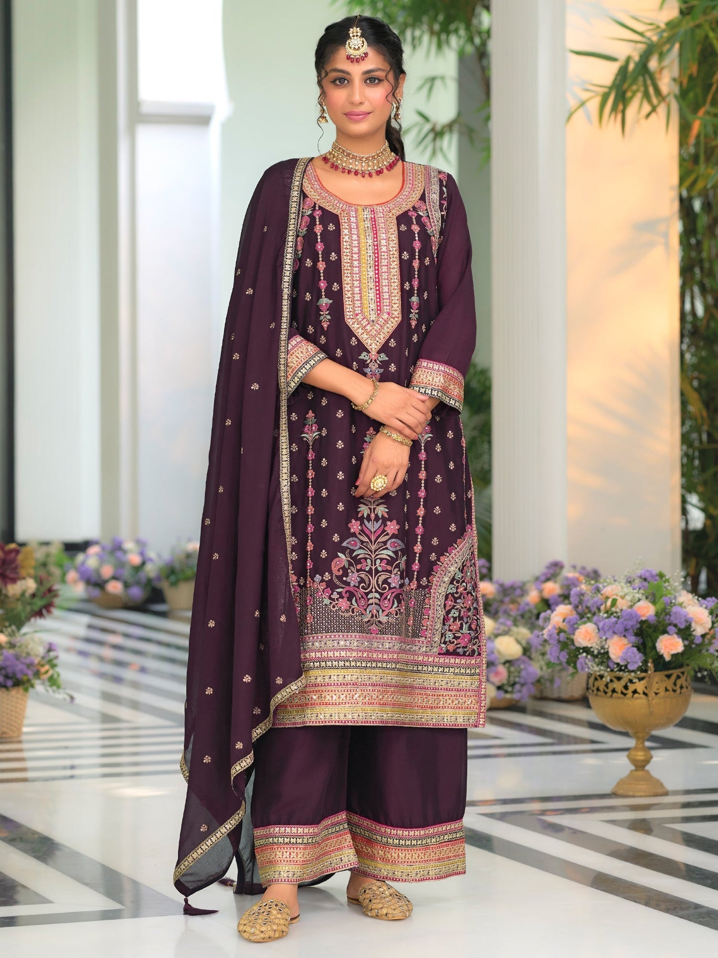 Burgundy Embroidered Straight Kurta Palazzos With Dupatta set
