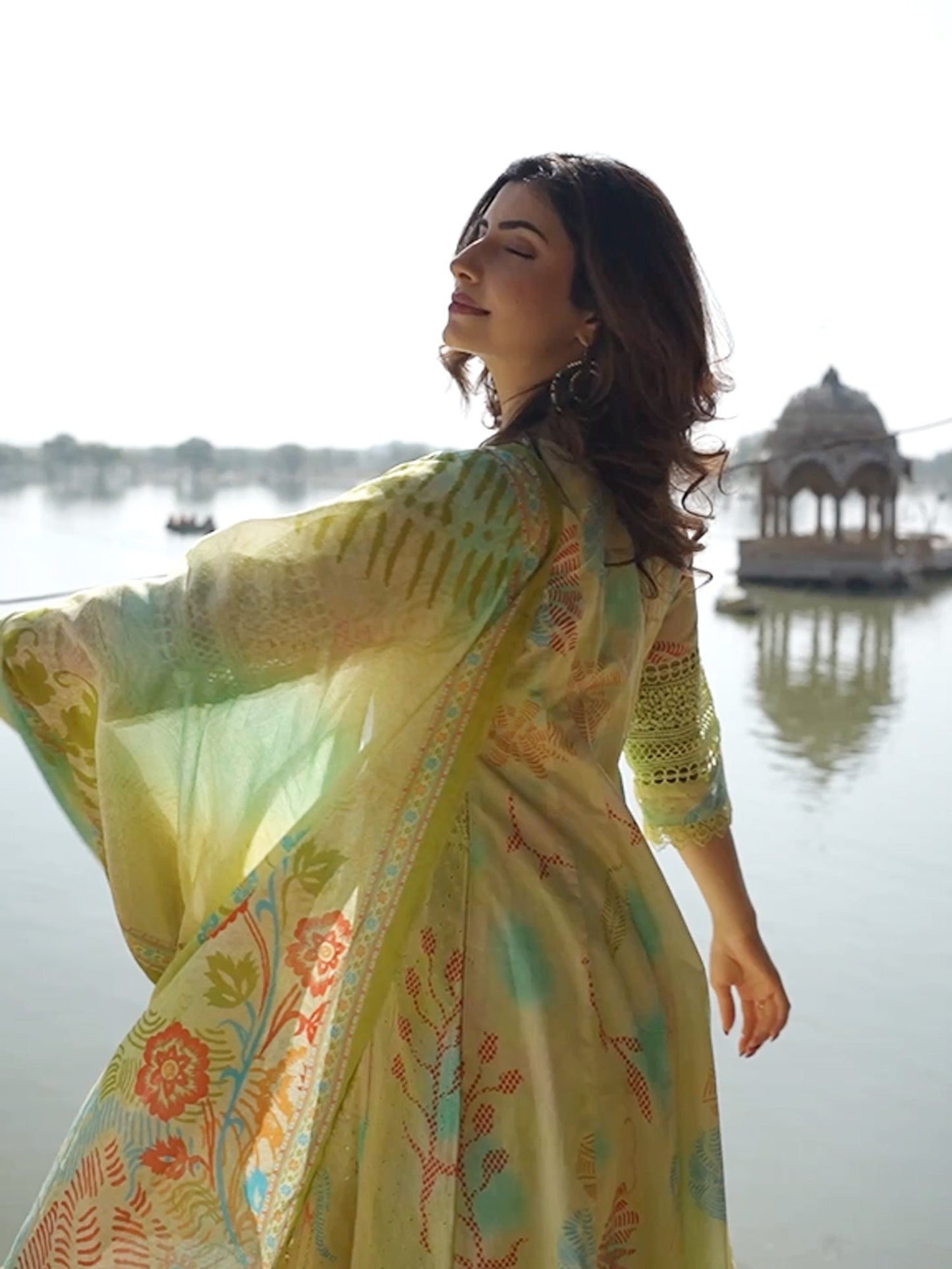 Green Embroidered A-Line Kurta Palazzos With Dupatta Set