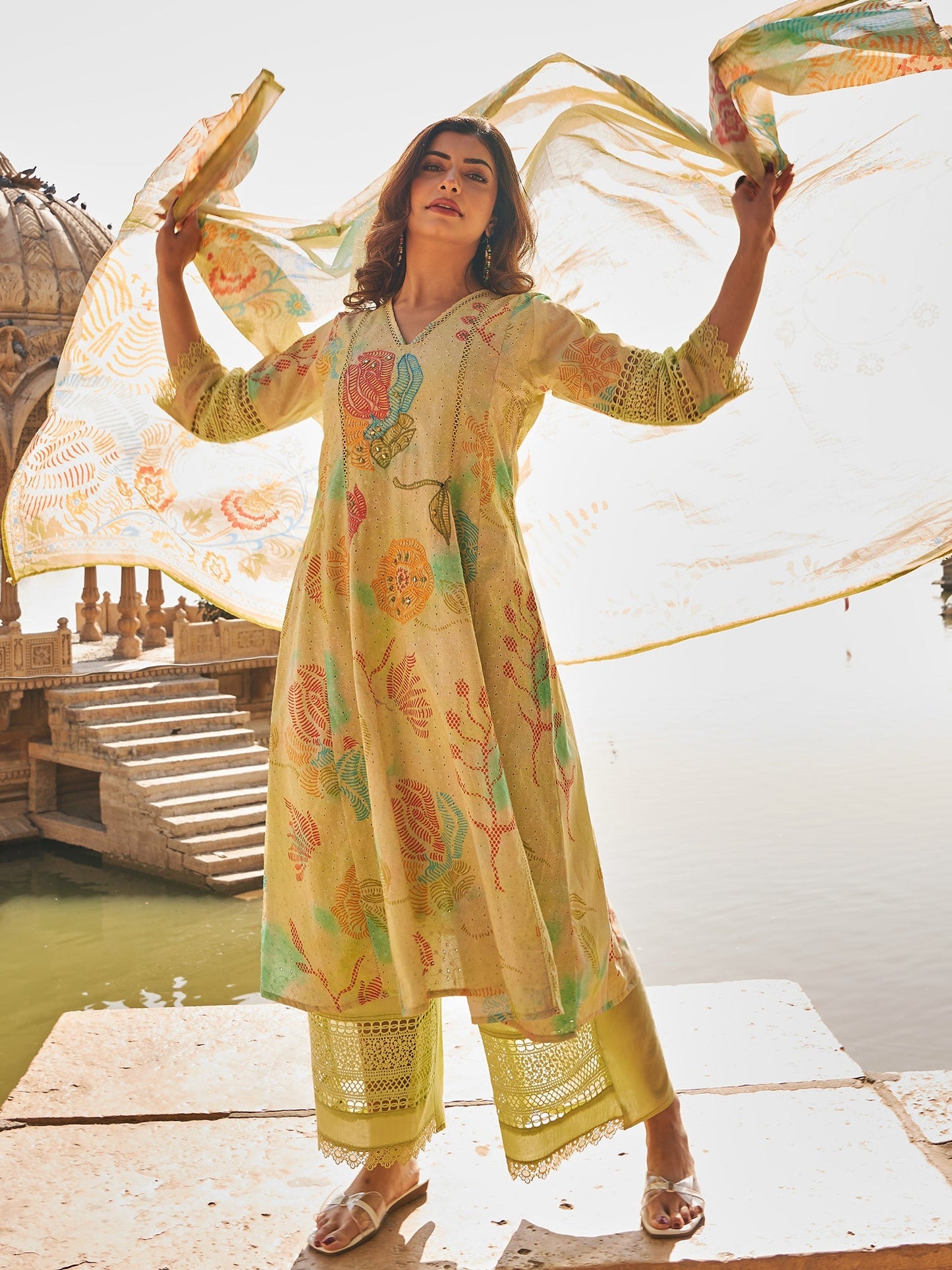 Green Embroidered A-Line Kurta Palazzos With Dupatta Set