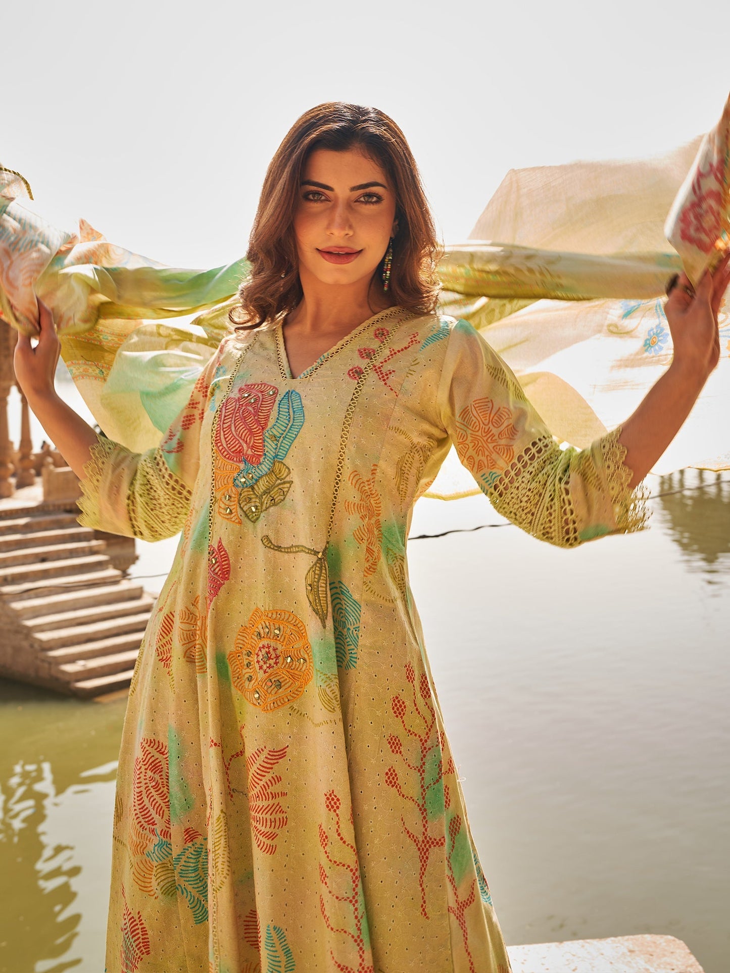 Green Embroidered A-Line Kurta Palazzos With Dupatta Set