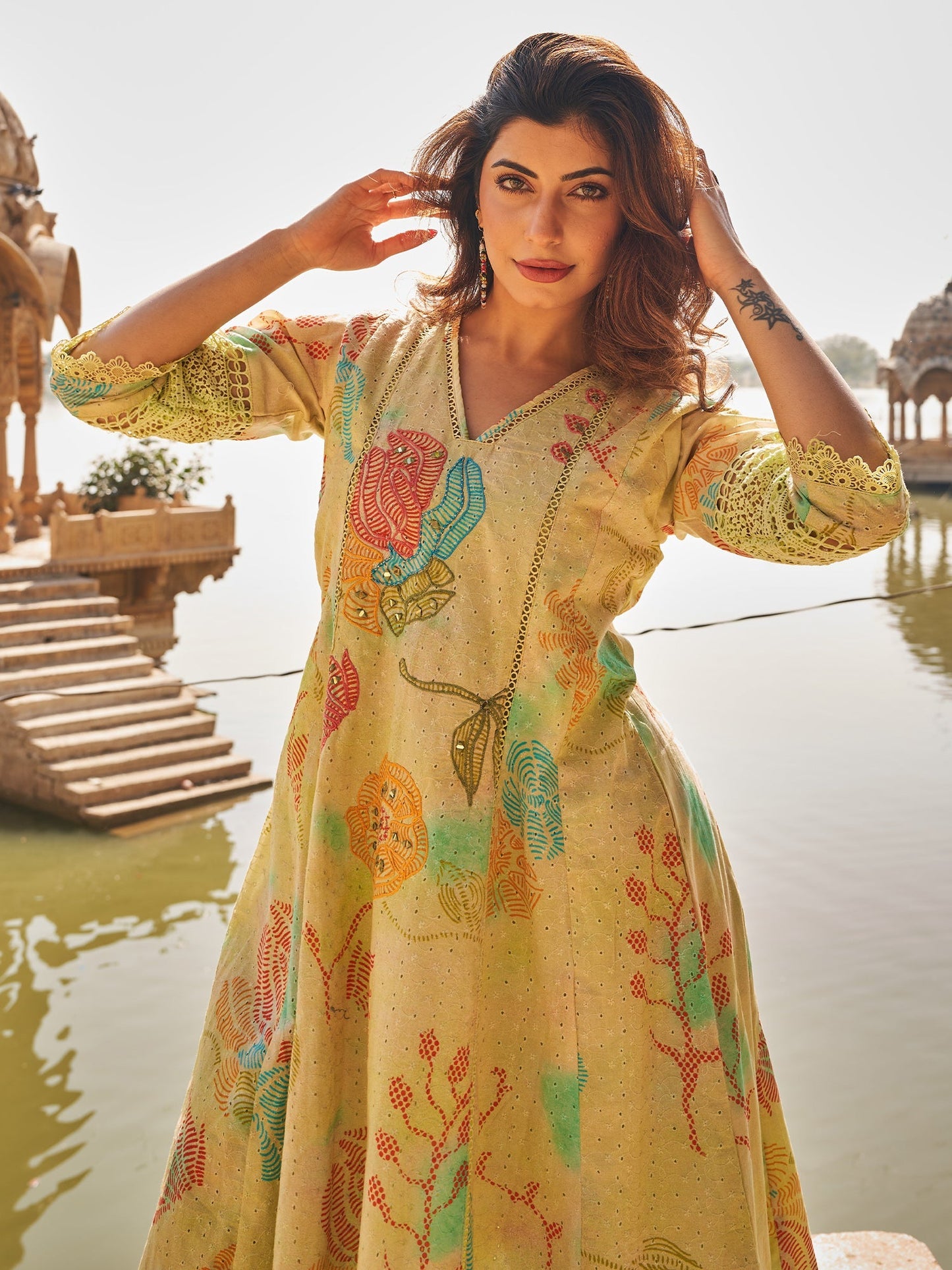 Green Embroidered A-Line Kurta Palazzos With Dupatta Set