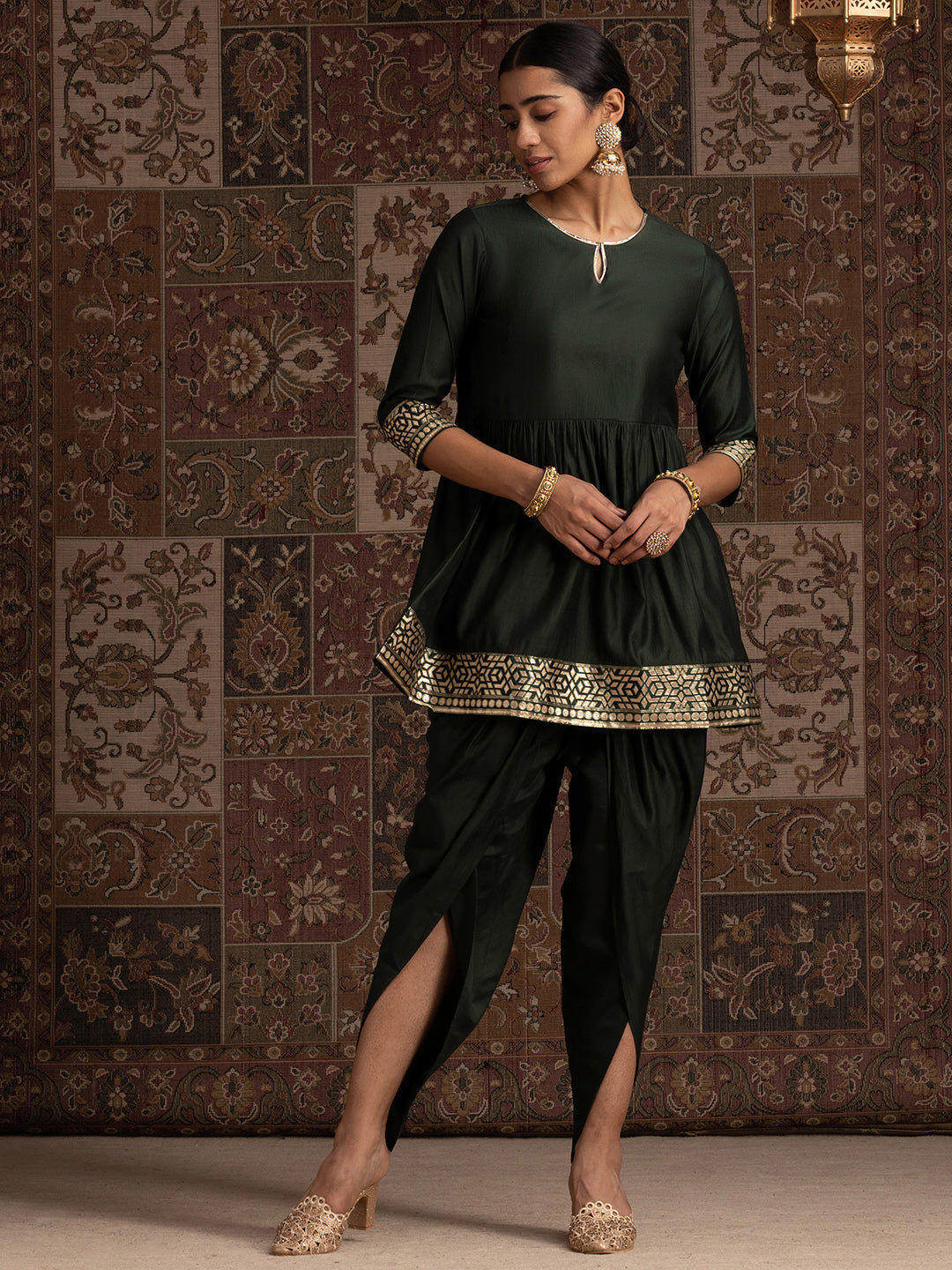Indo Era Green Solid Aline Kurta With Dhoti Set