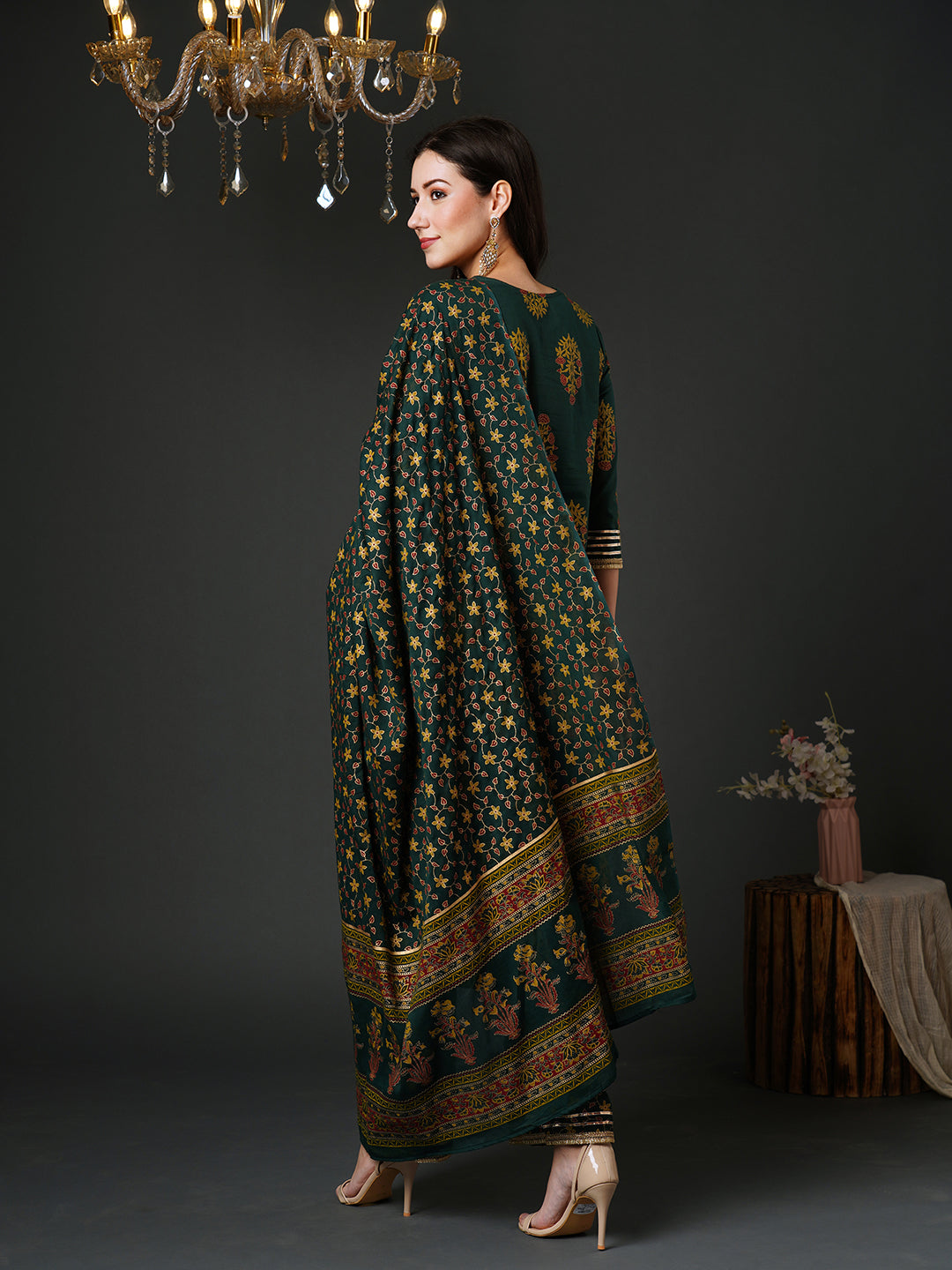 Indo Era Green Printed Straight Kurta Palazzos With Dupatta Set