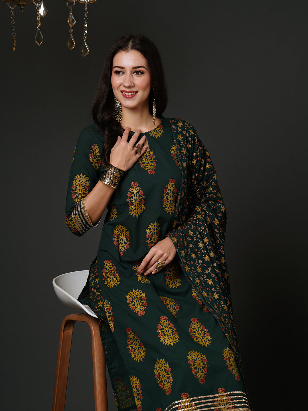 Indo Era Green Printed Straight Kurta Palazzos With Dupatta Set