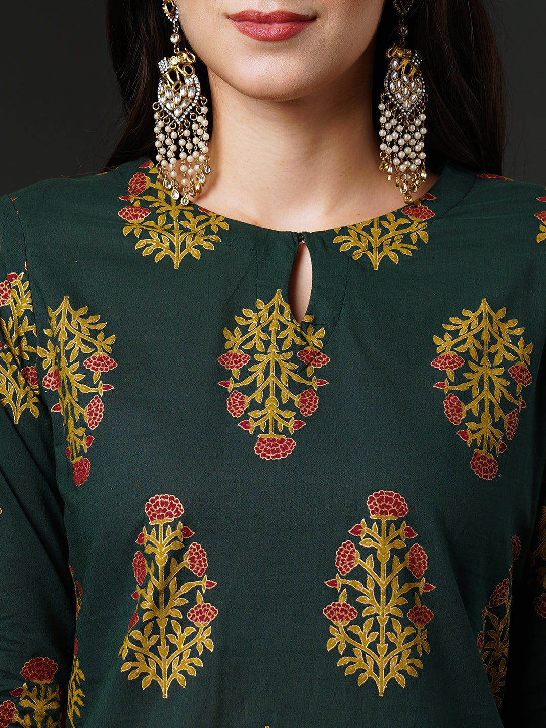 Indo Era Green Printed Straight Kurta Palazzos With Dupatta Set