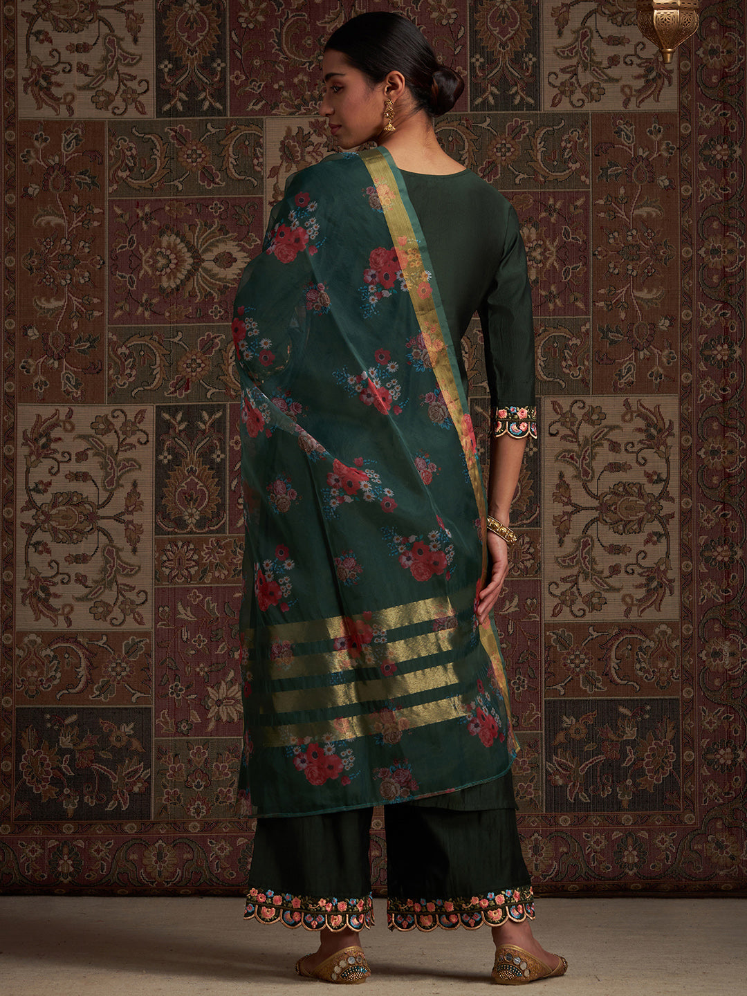 Indo Era Green Embroidered Straight Kurta Palazzos With Dupatta Set