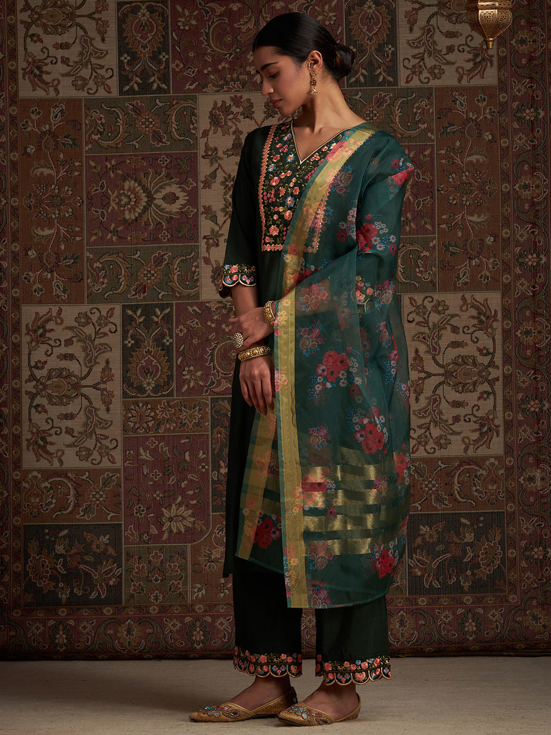 Indo Era Green Embroidered Straight Kurta Palazzos With Dupatta Set