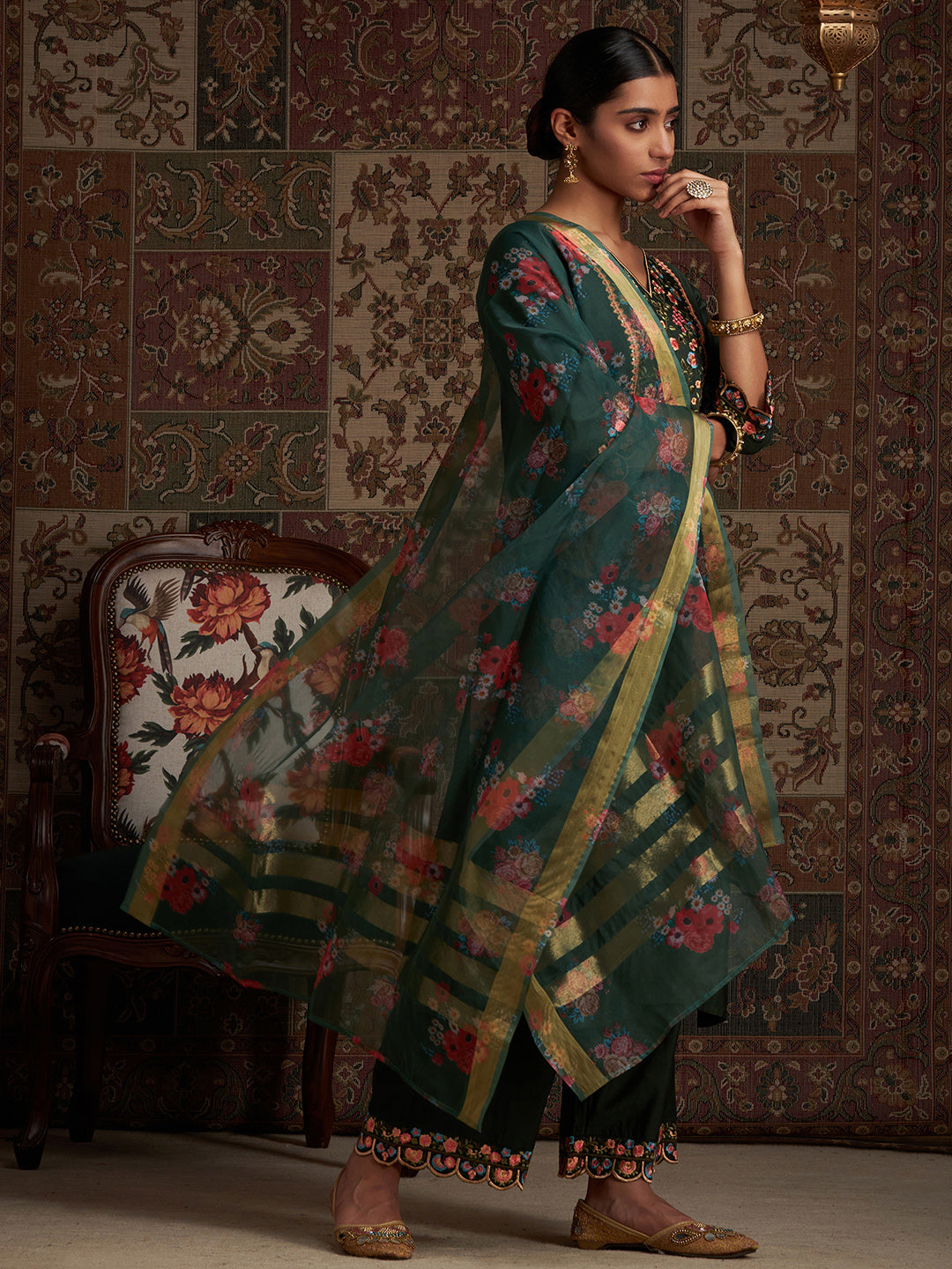 Indo Era Green Embroidered Straight Kurta Palazzos With Dupatta Set