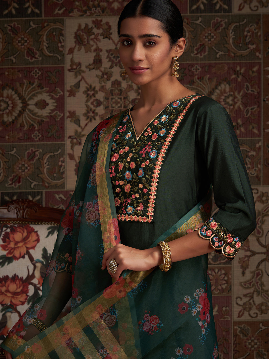 Indo Era Green Embroidered Straight Kurta Palazzos With Dupatta Set