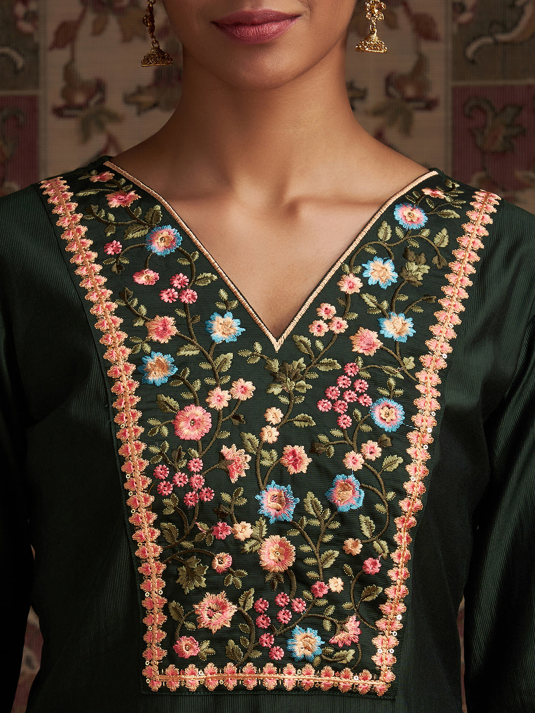 Indo Era Green Embroidered Straight Kurta Palazzos With Dupatta Set