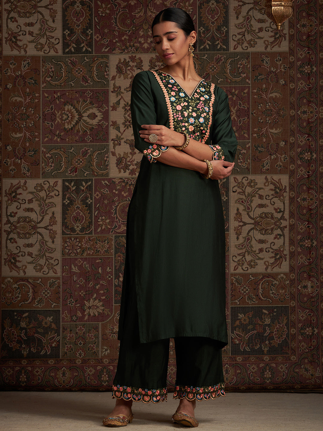 Indo Era Green Embroidered Straight Kurta Palazzos With Dupatta Set