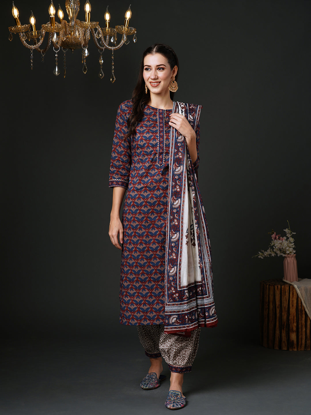 Indo Era Blue Printed Straight Kurta Salwar With Dupatta Set