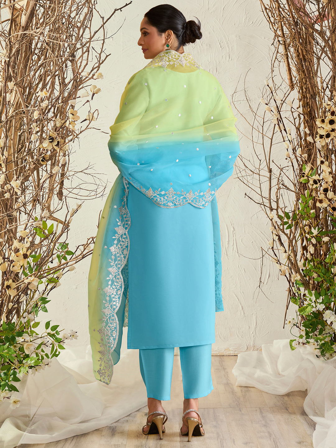 Indo Era Blue Straight Embroidered Kurta Trousers With Dupatta Set