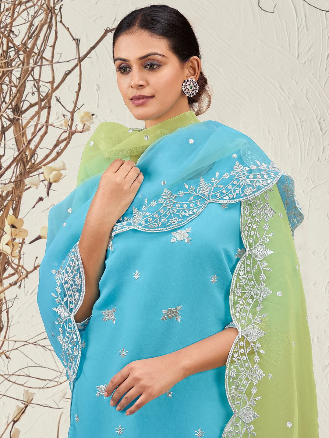 Indo Era Blue Straight Embroidered Kurta Trousers With Dupatta Set
