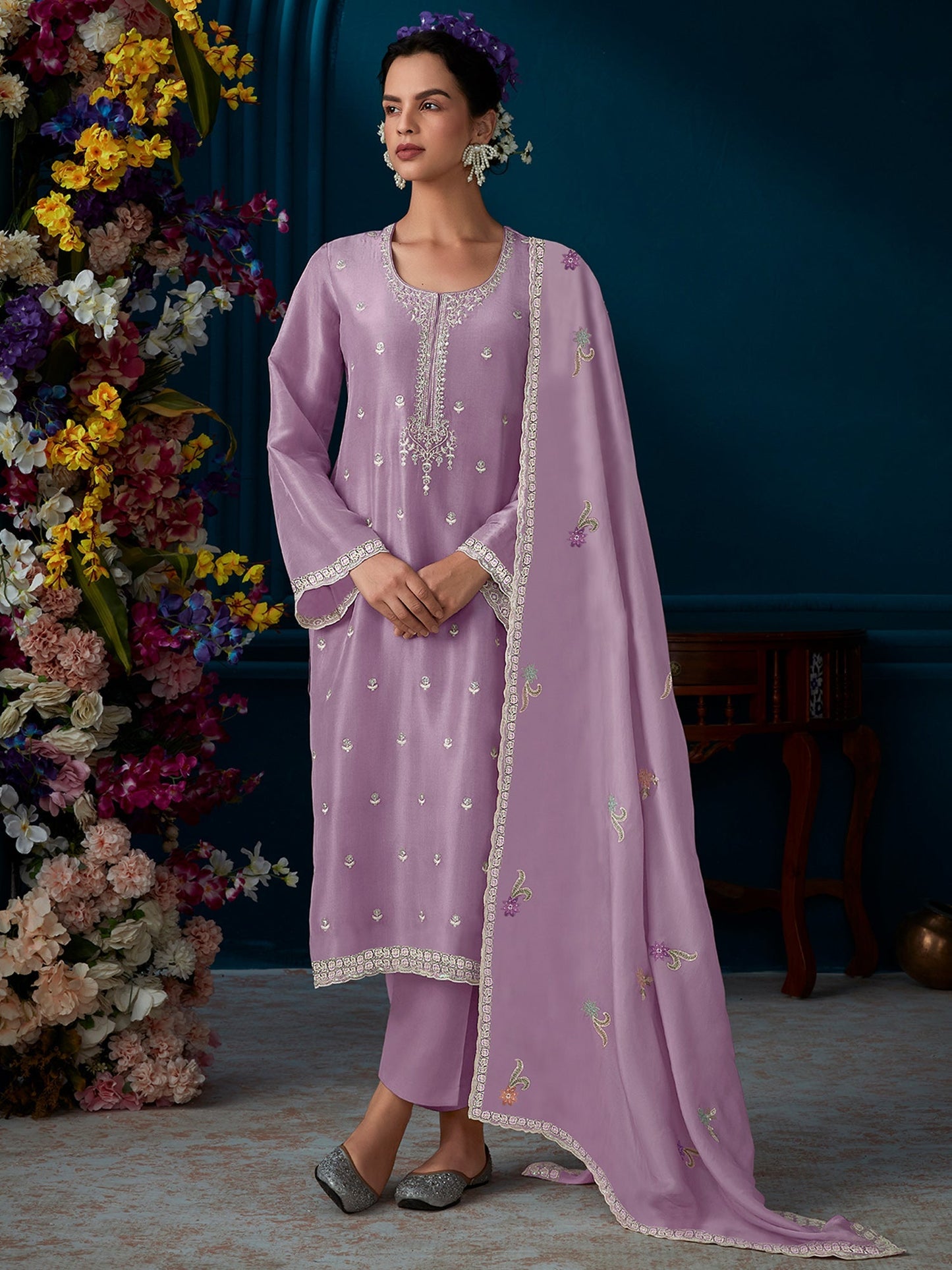 Indo Era Lavender Straight Embroidered Kurta Trousers With Dupatta Set